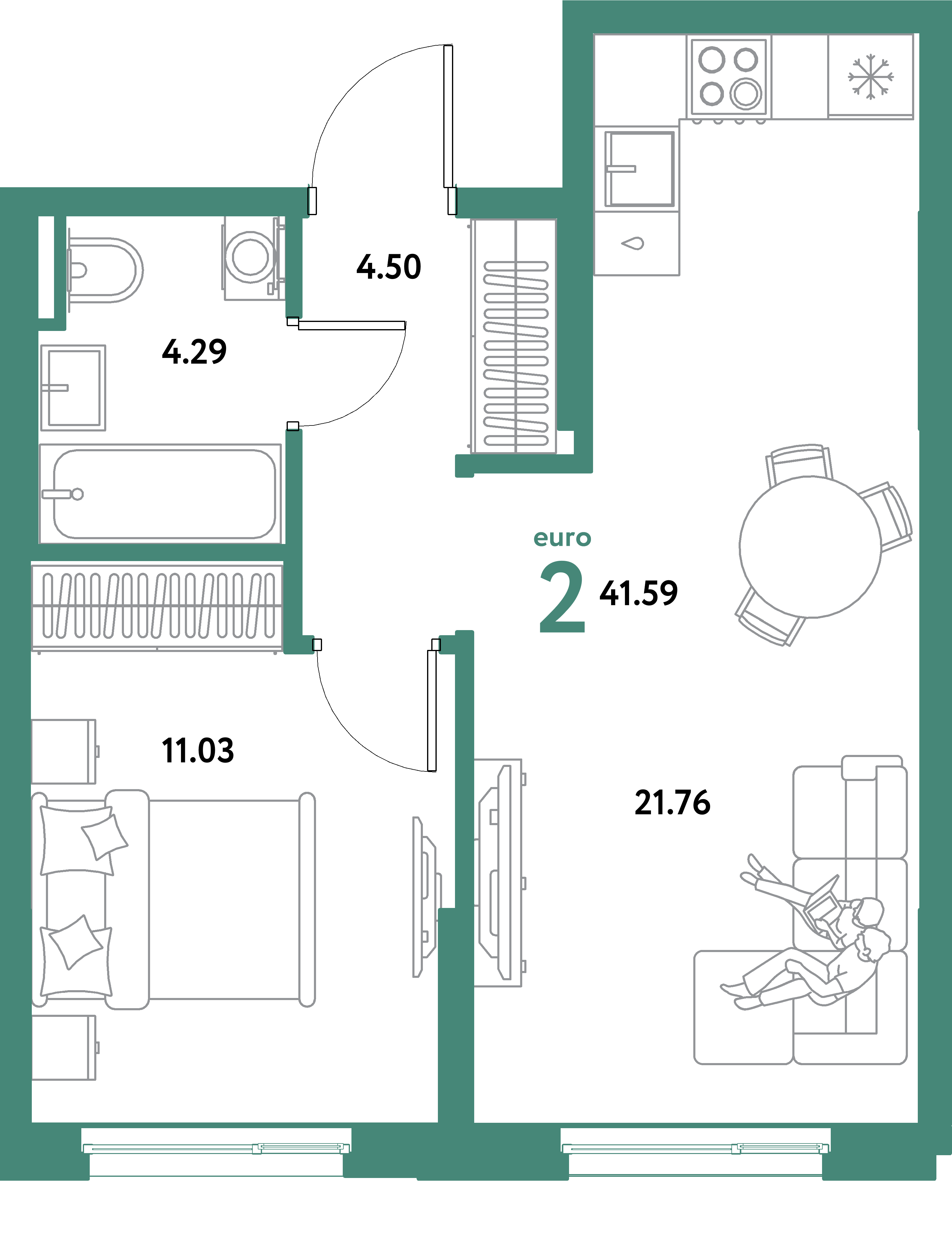 ЖК "Остров-сад"-2-комнатная 41.59 м²