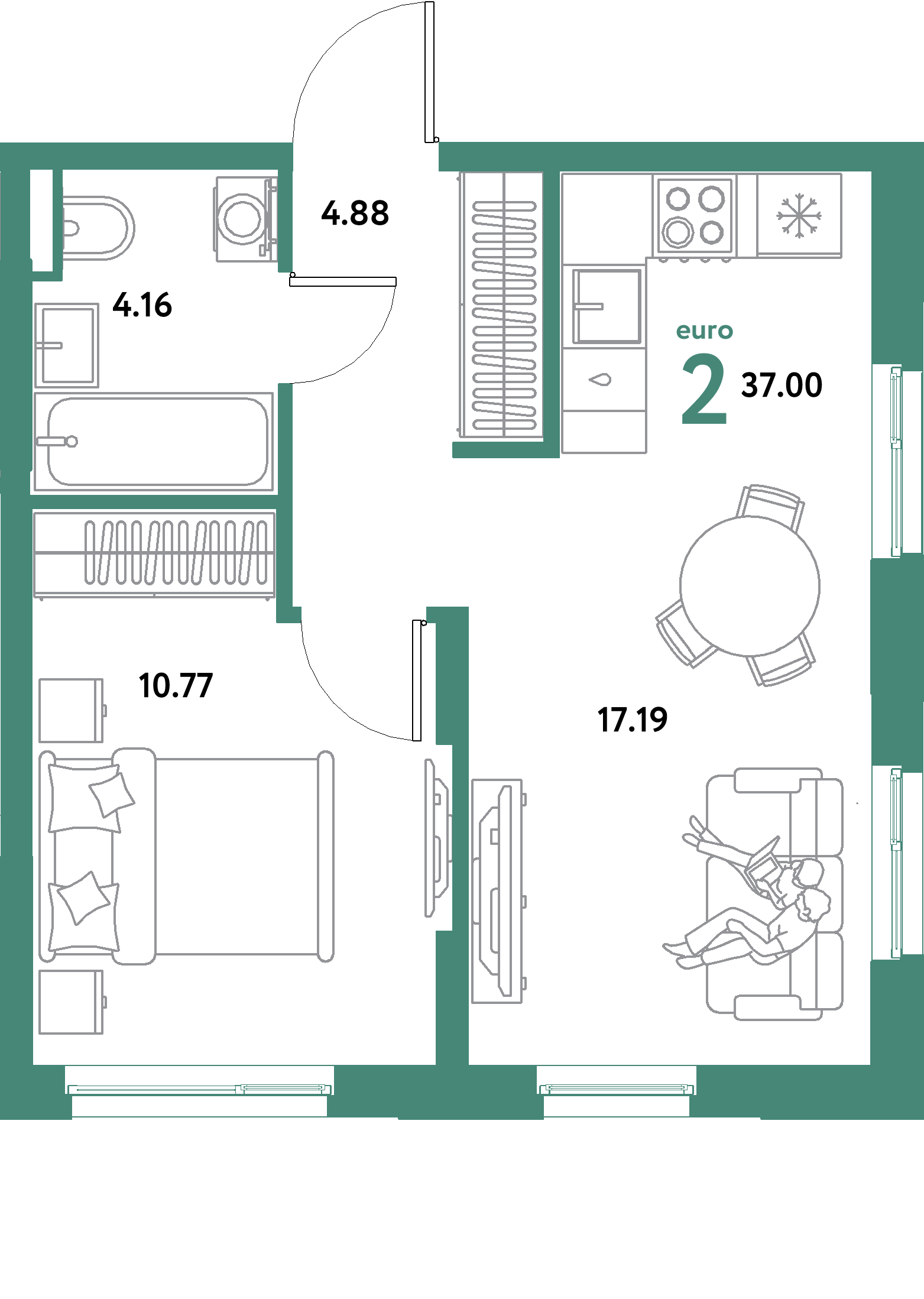 ЖК "Остров-сад"-2-комнатная 37 м²