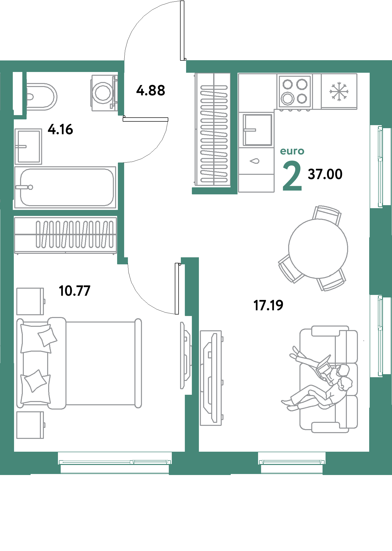 ЖК "Остров-сад"-2-комнатная 37 м²
