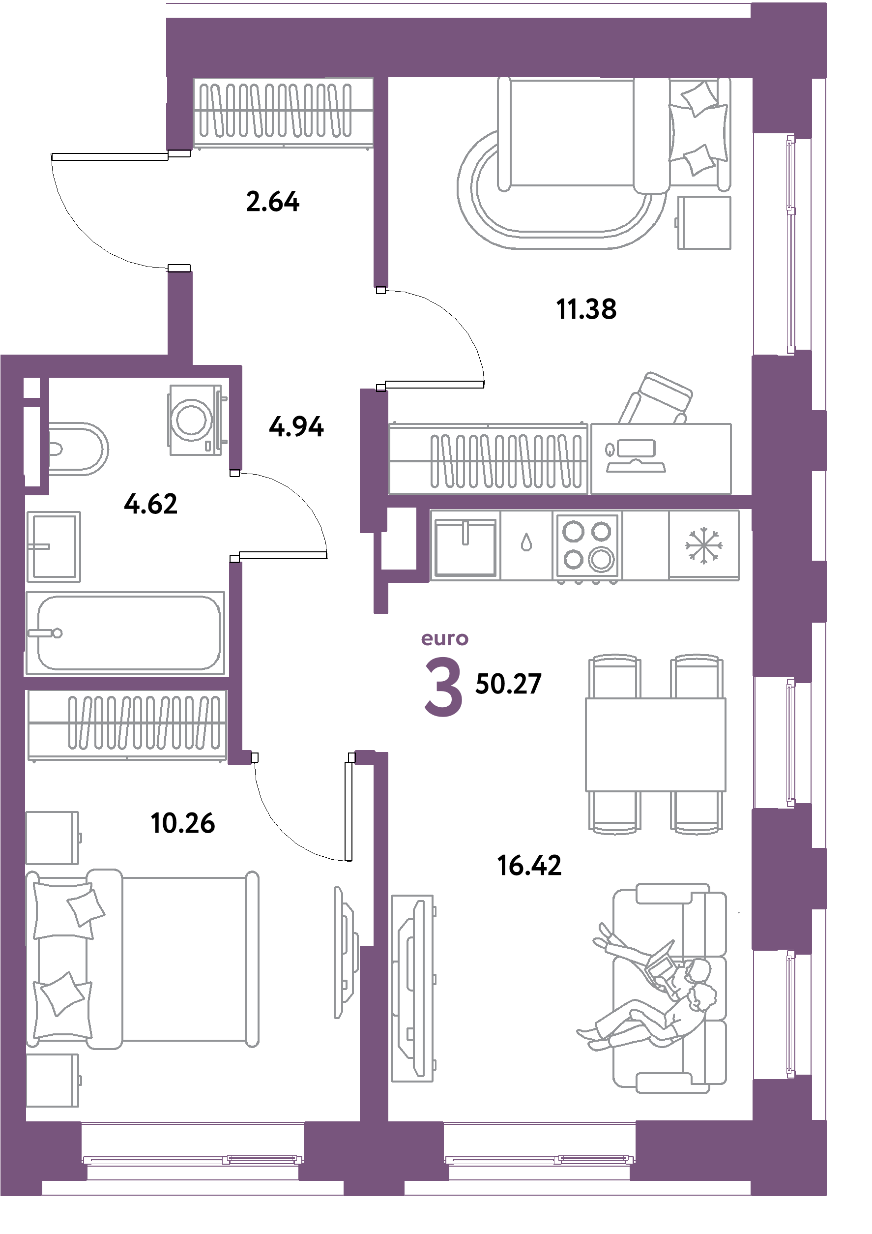 ЖК "Остров-сад"-3-комнатная 50.27 м²