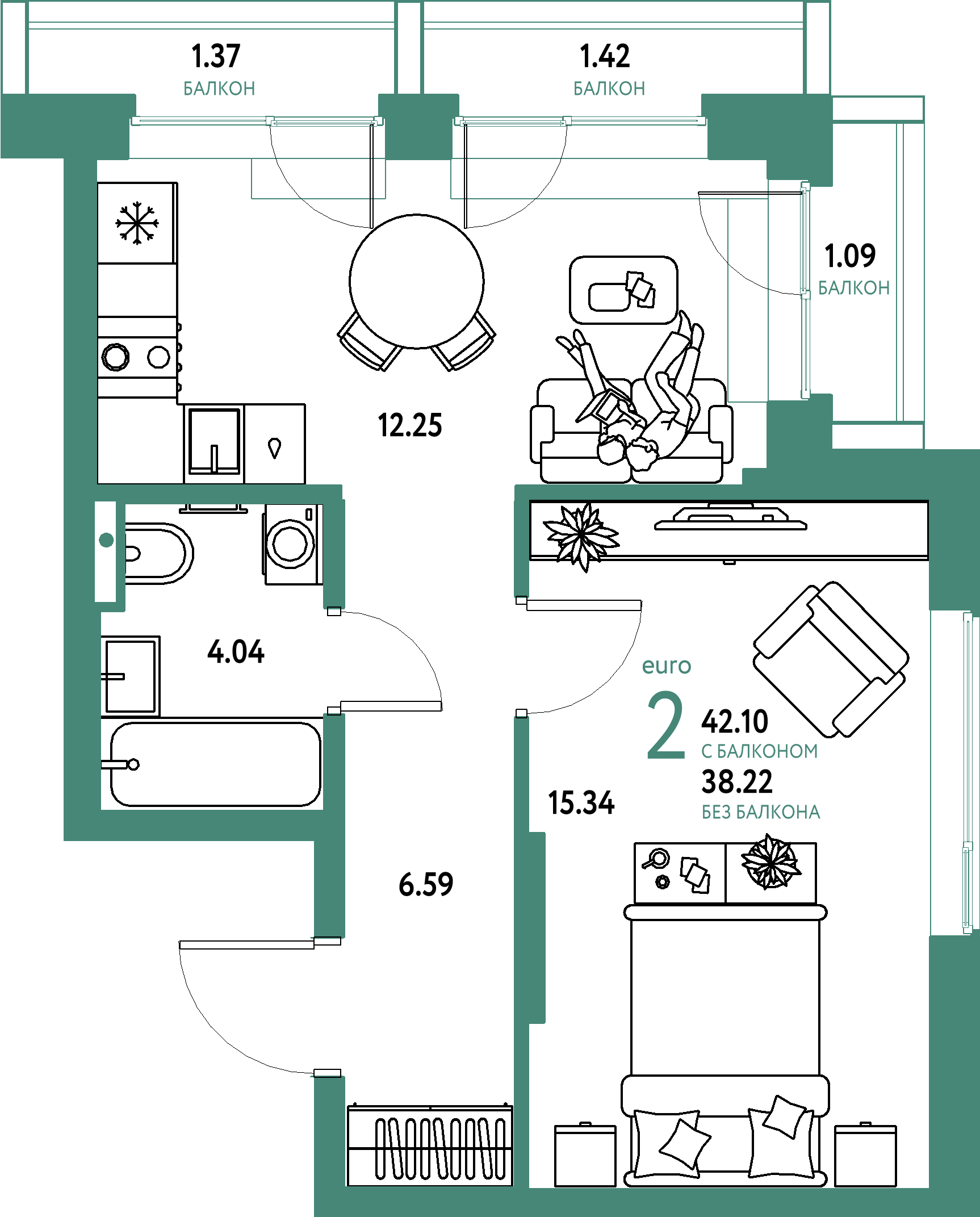 ЖК "Страна.Парковая"-2-комнатная 42.1 м²