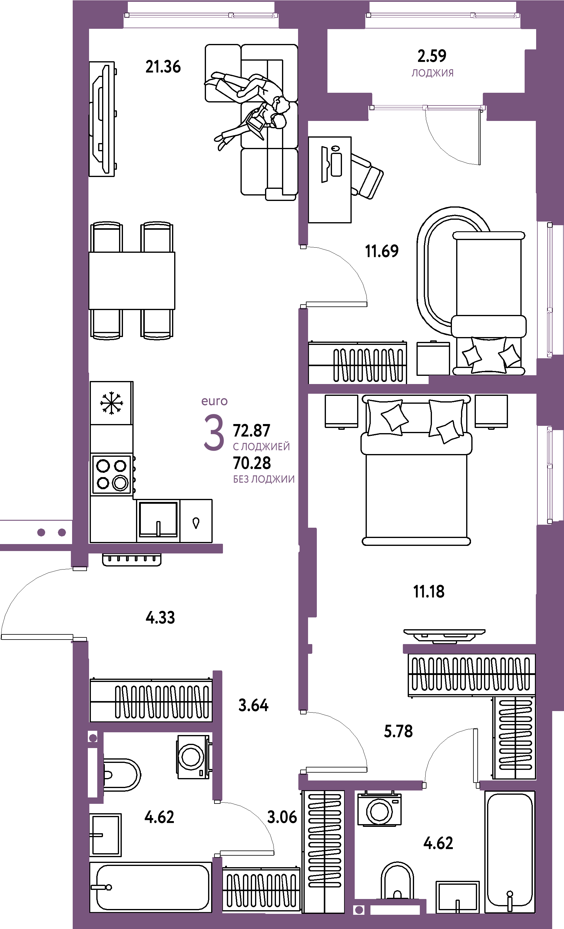 ЖК "Страна.Прибрежная"-3-комнатная 72.87 м²