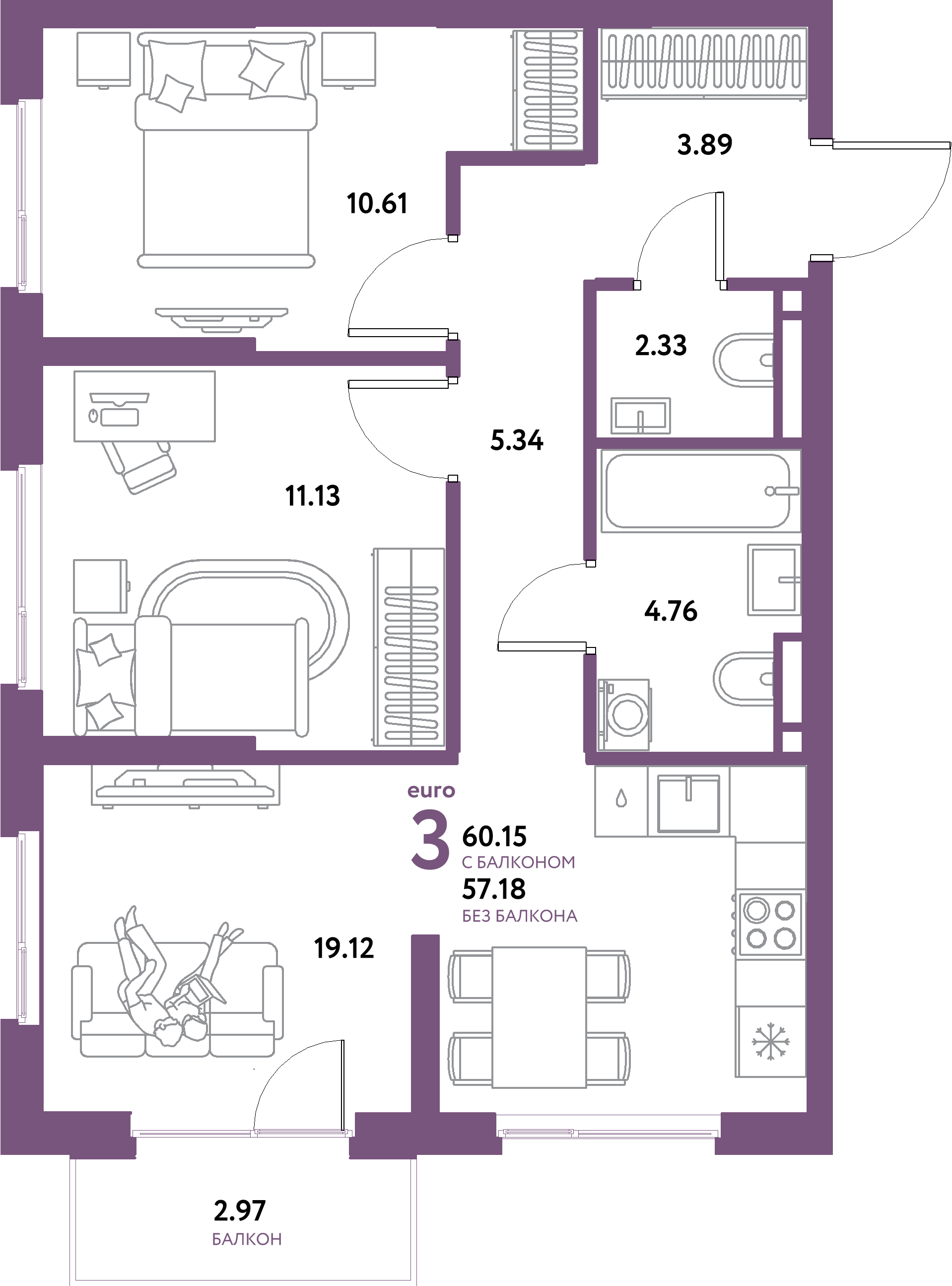 ЖК "Остров-сад"-3-комнатная 60.15 м²
