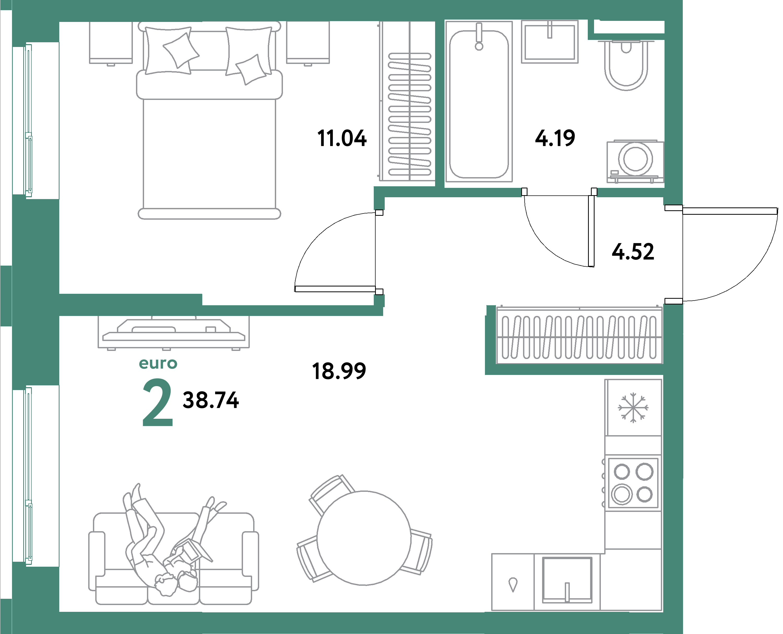 ЖК "Остров-сад"-2-комнатная 38.74 м²
