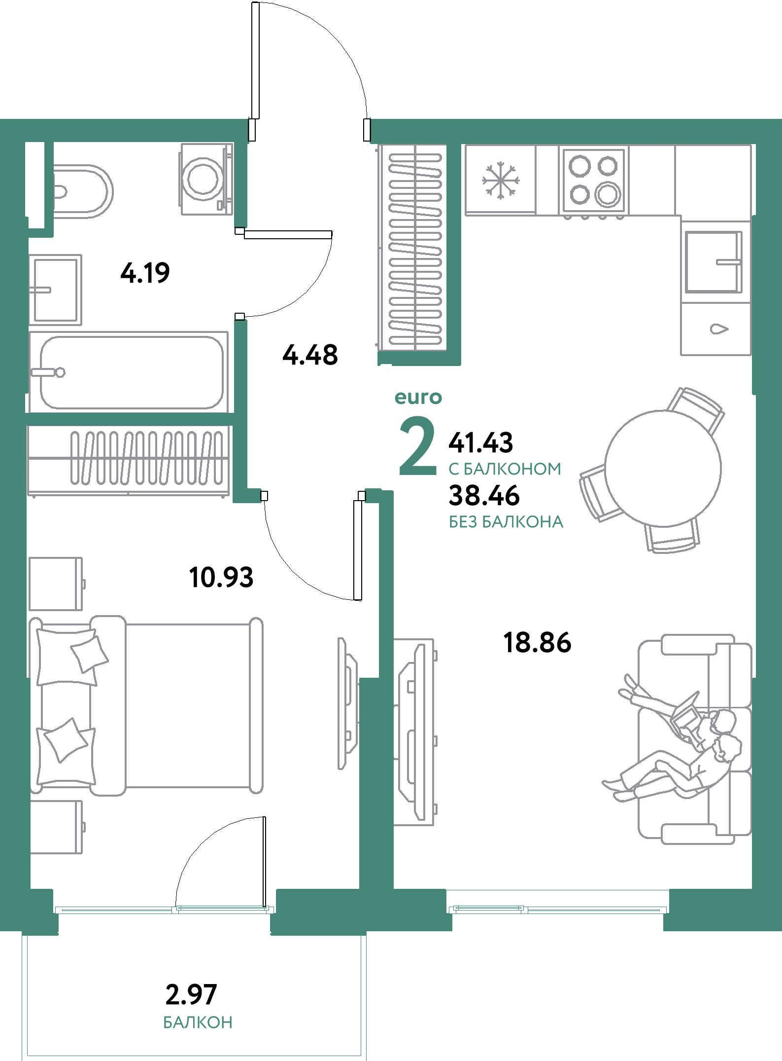 ЖК "Остров-сад"-2-комнатная 41.43 м²