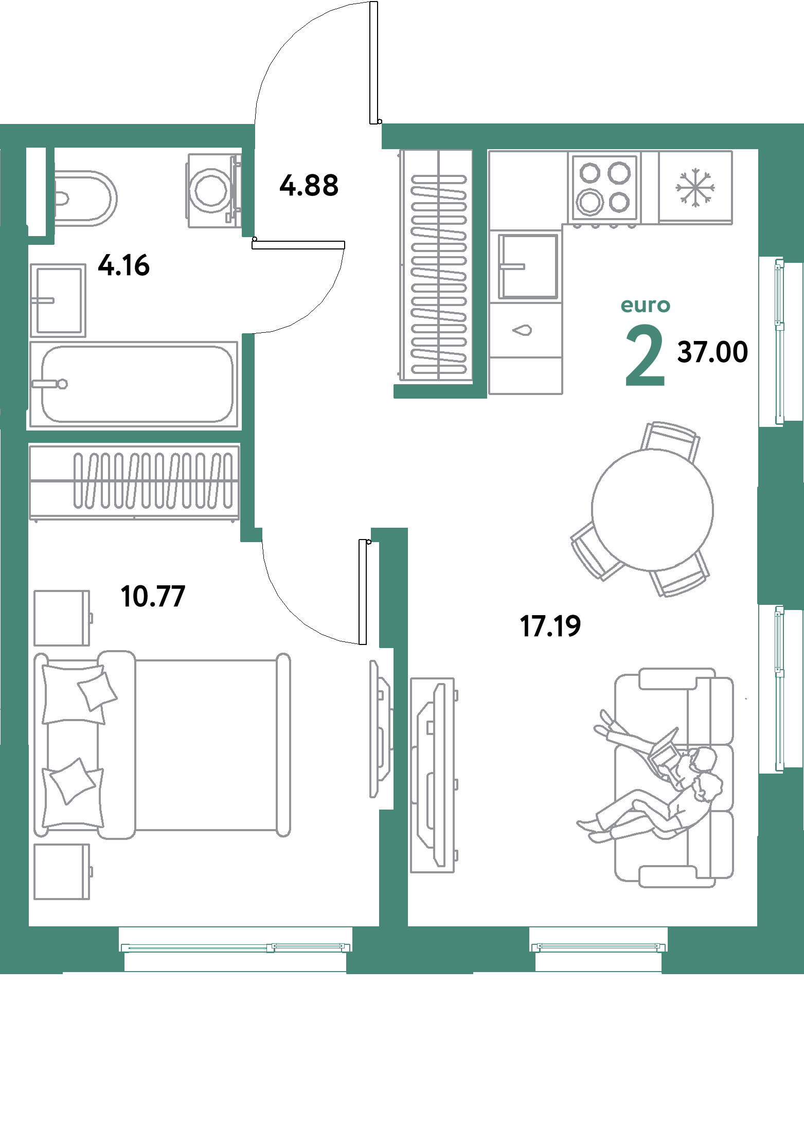 ЖК "Остров-сад"-2-комнатная 37 м²
