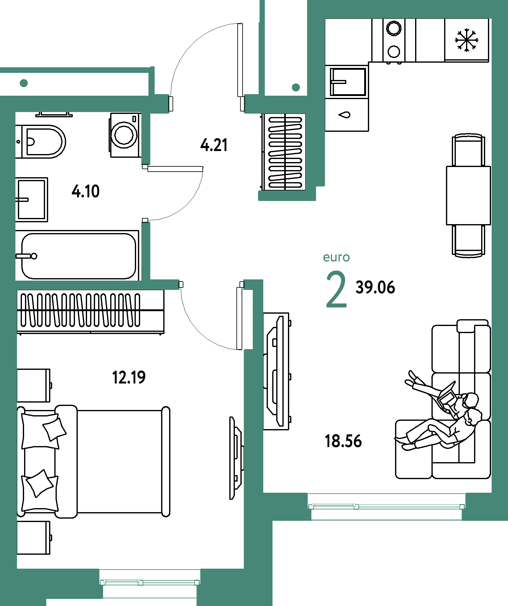 ЖК "Домашний"-2-комнатная 39.06 м²