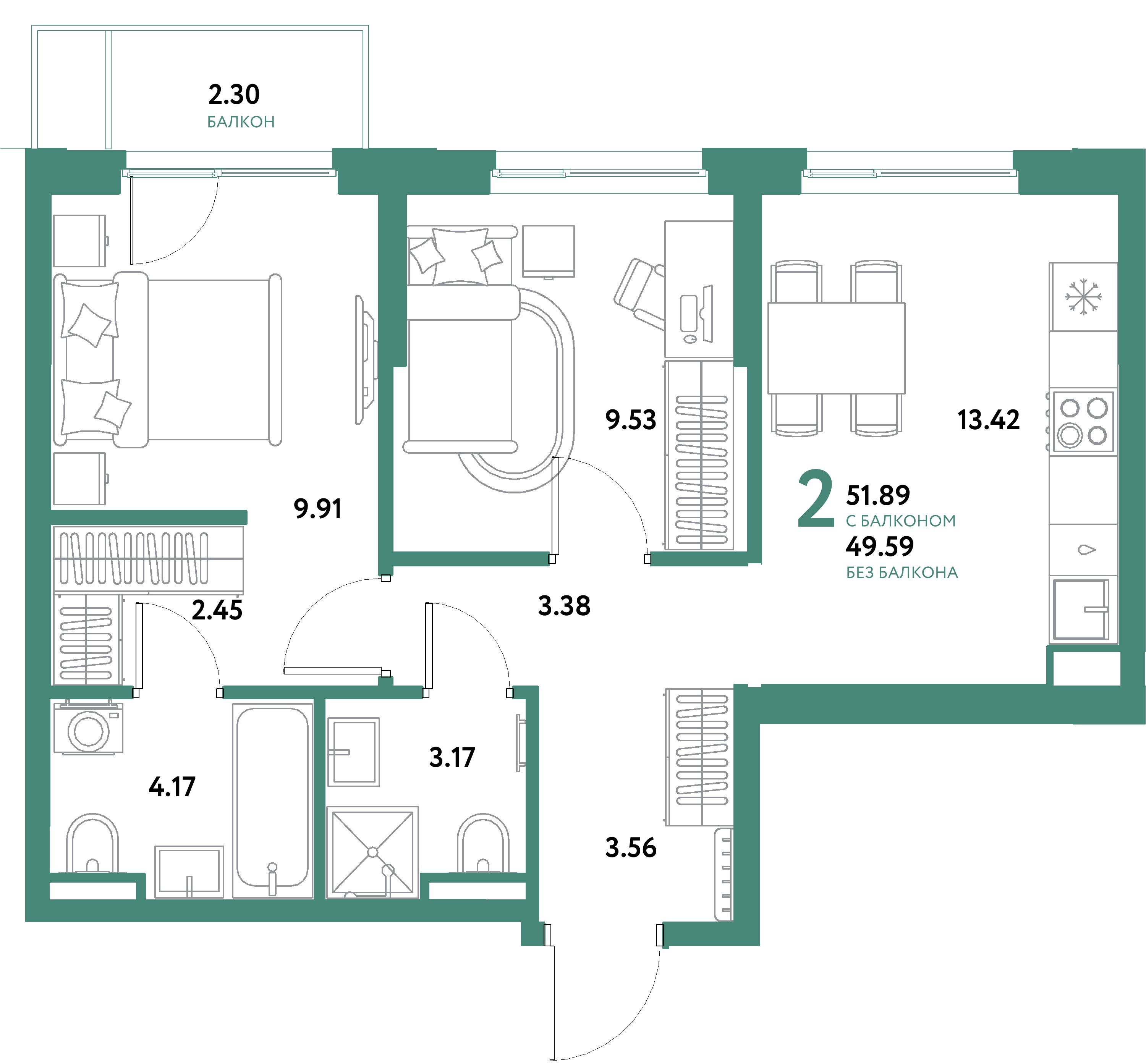 ЖК "Остров-сад"-2-комнатная 51.89 м²
