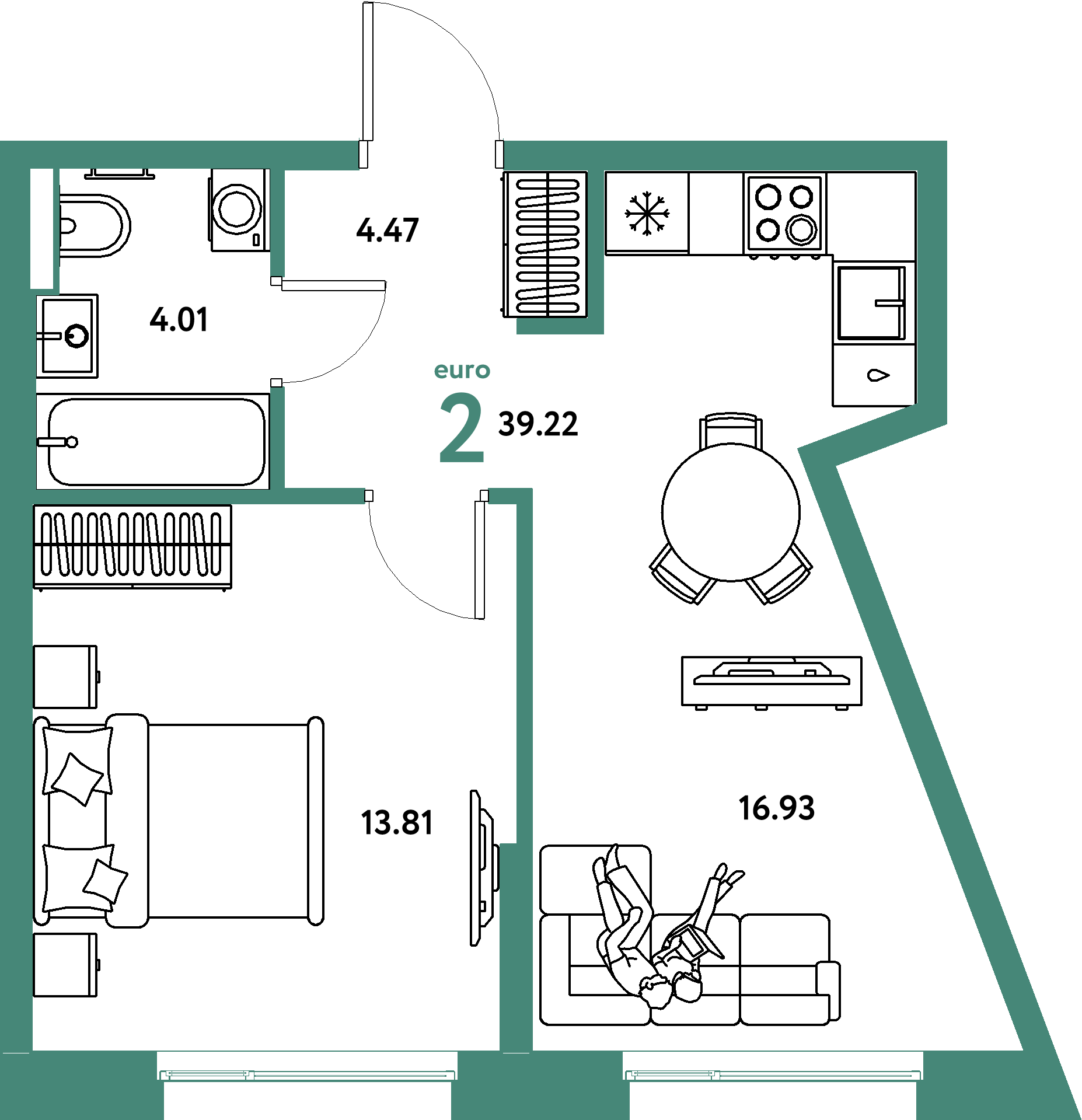 Планировка: Евродвушка 39.3 м² в ЖК Авторский, Дом Обороны