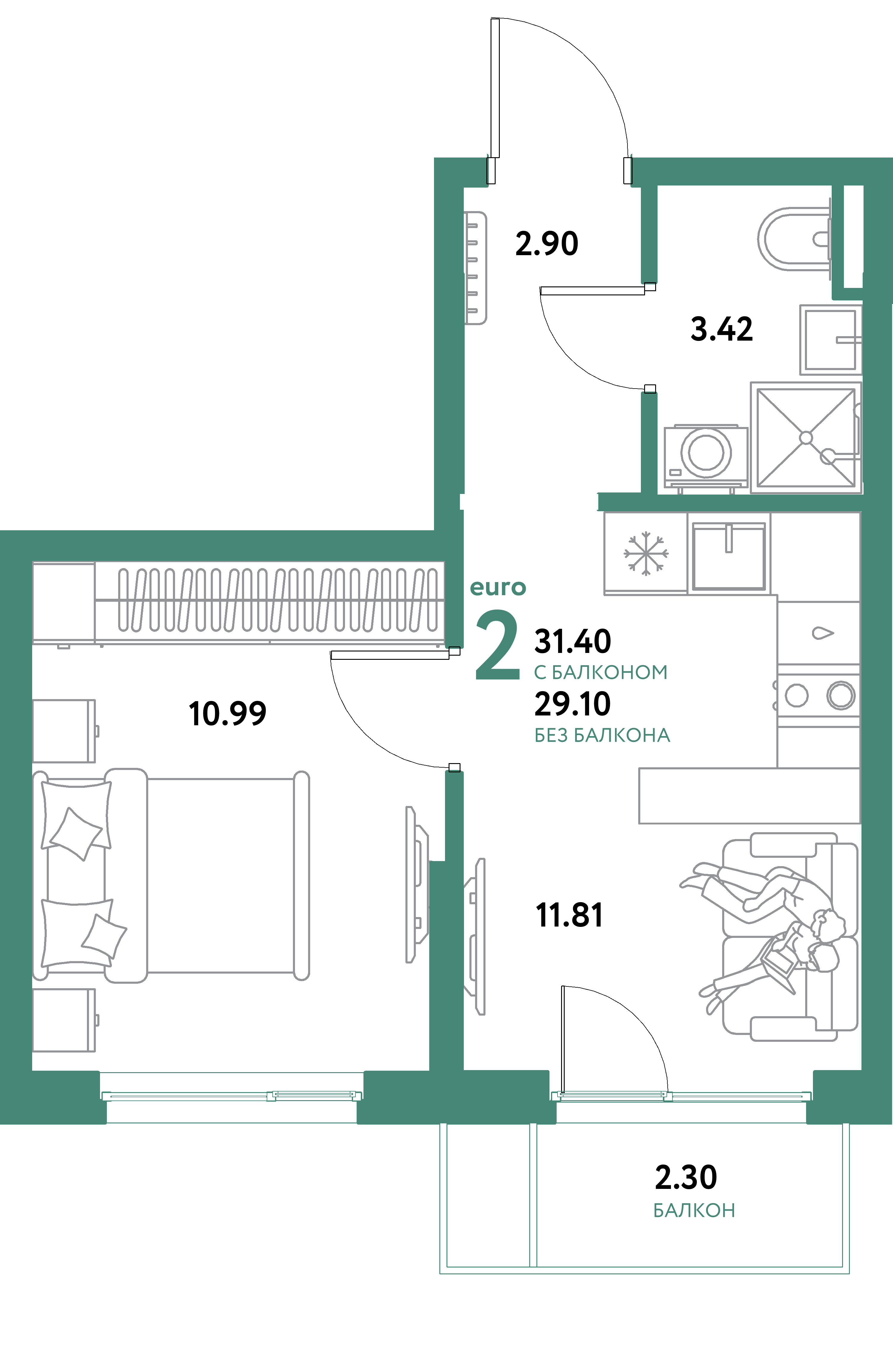 ЖК "Остров-сад"-2-комнатная 31.4 м²