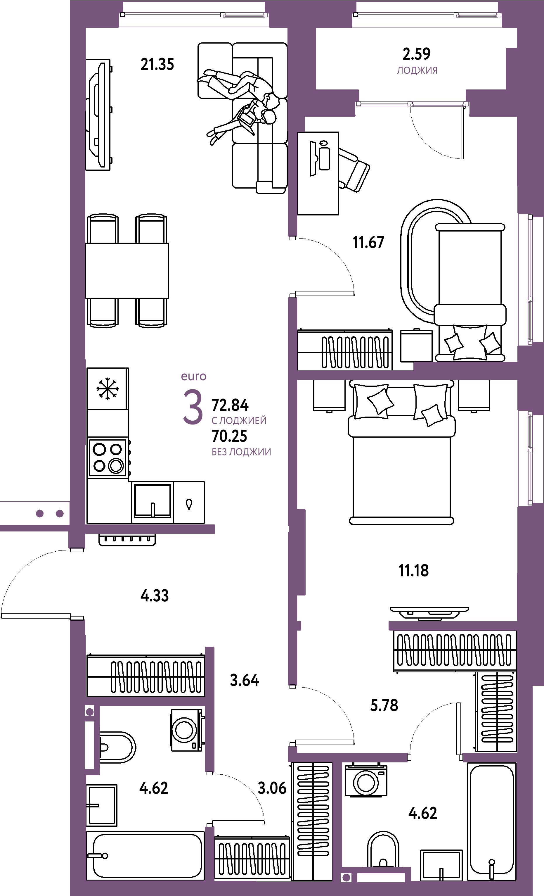 ЖК "Страна.Прибрежная"-3-комнатная 72.84 м²