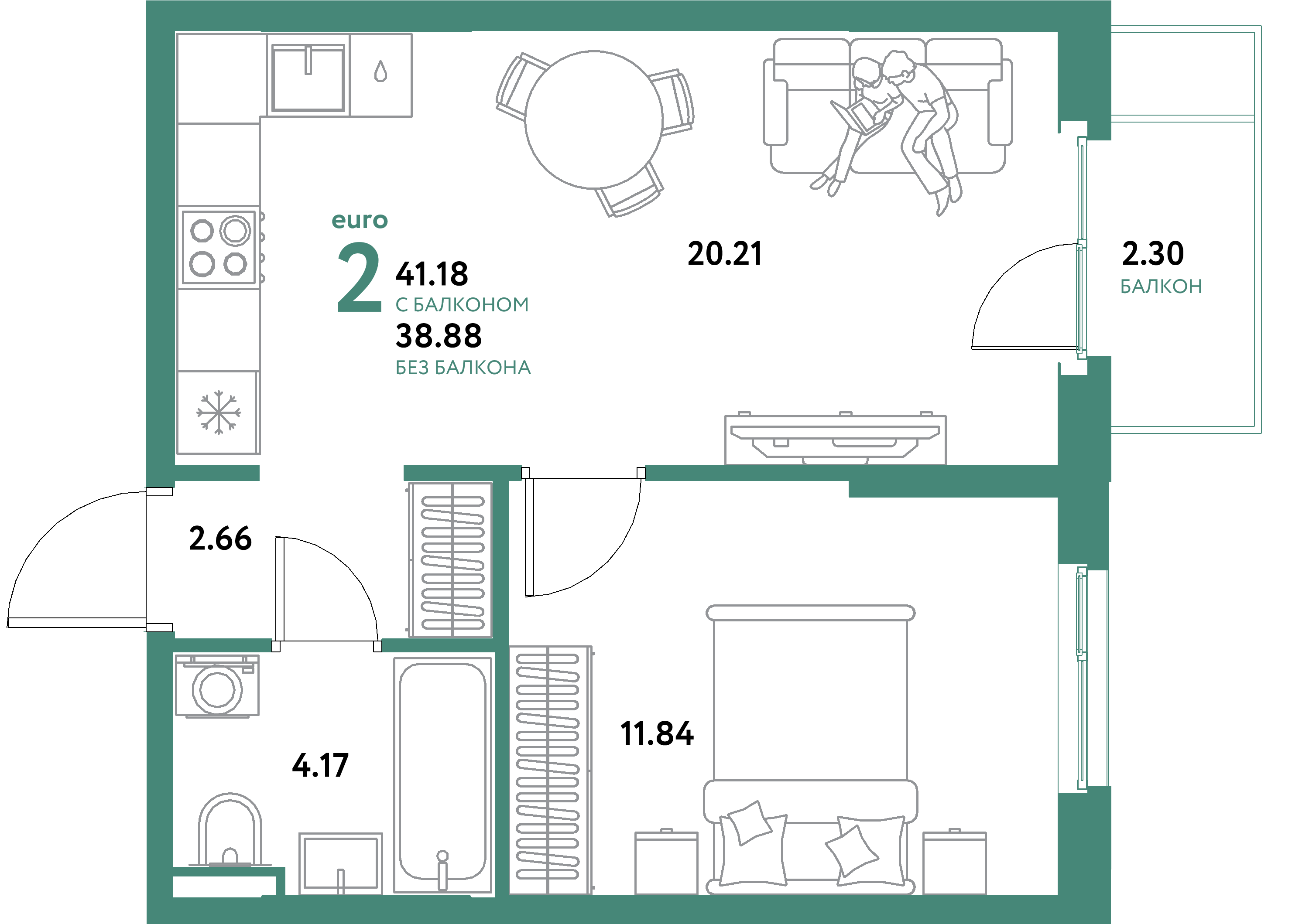 ЖК "Остров-сад"-2-комнатная 41.18 м²