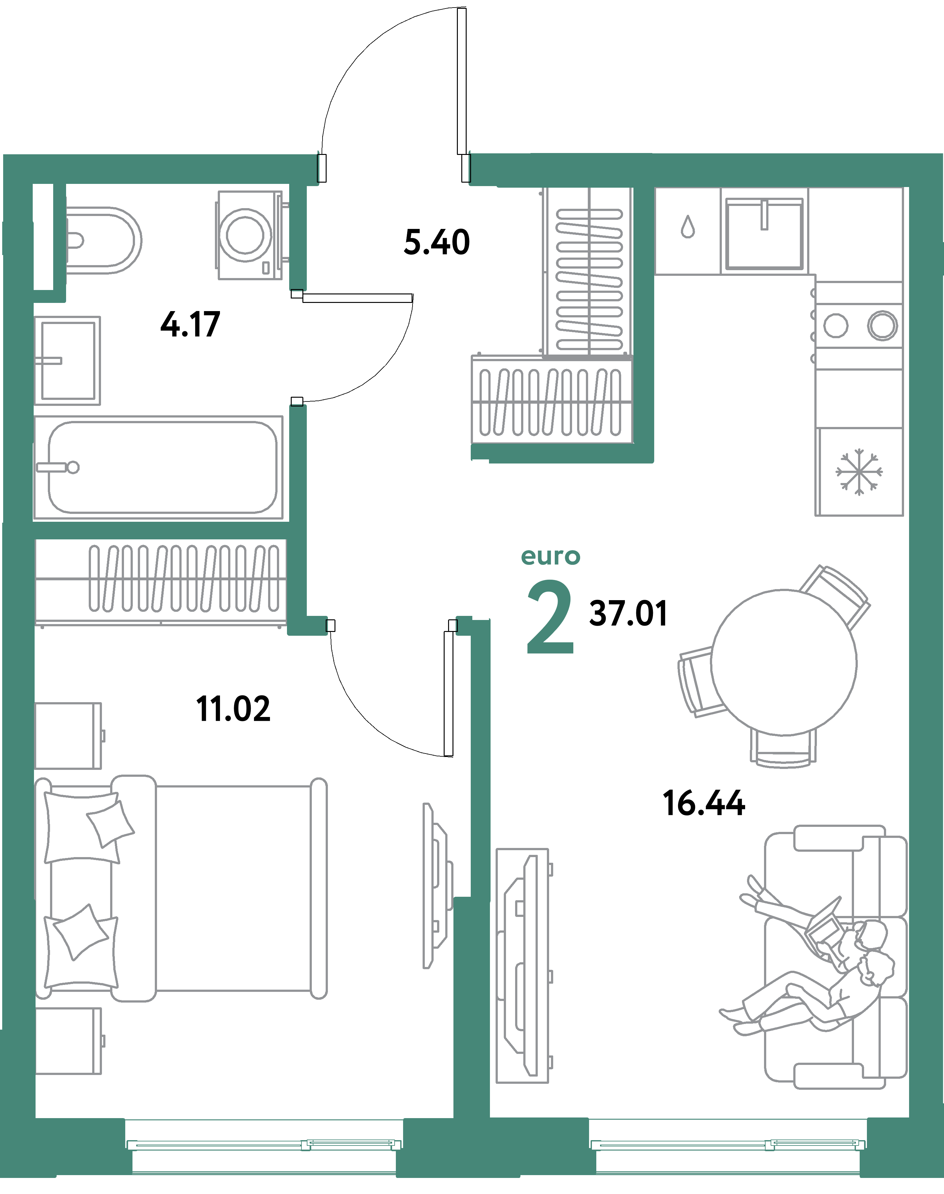 ЖК "Остров-сад"-2-комнатная 37.01 м²