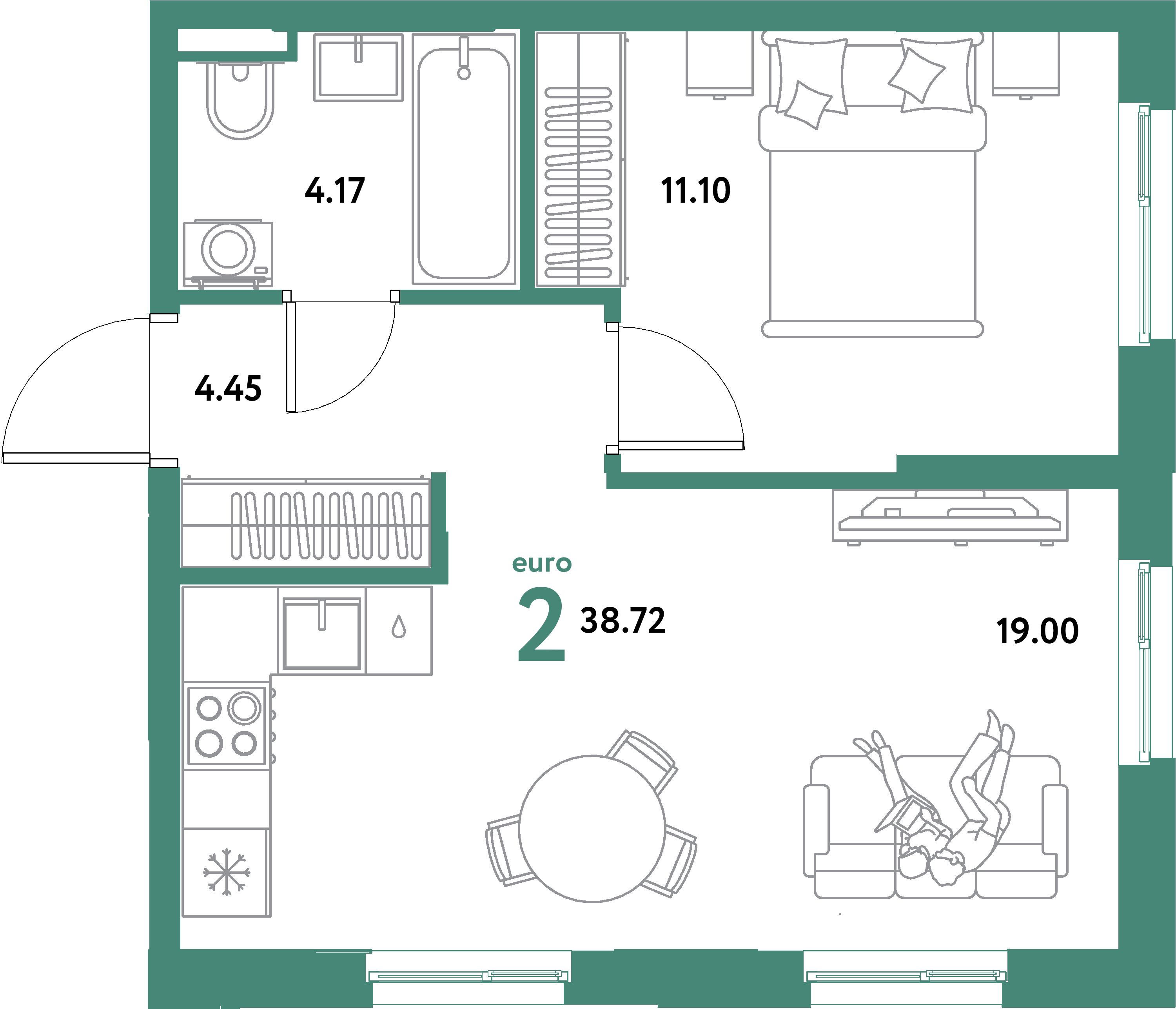 ЖК "Остров-сад"-2-комнатная 38.72 м²