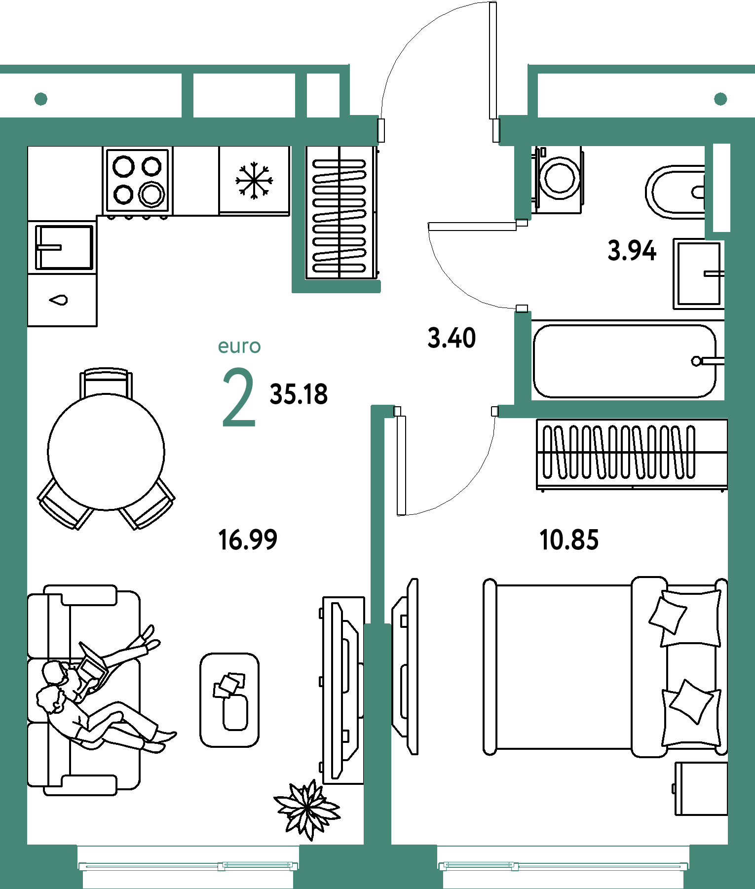 ЖК "Страна.Парковая"-2-комнатная 35.18 м²