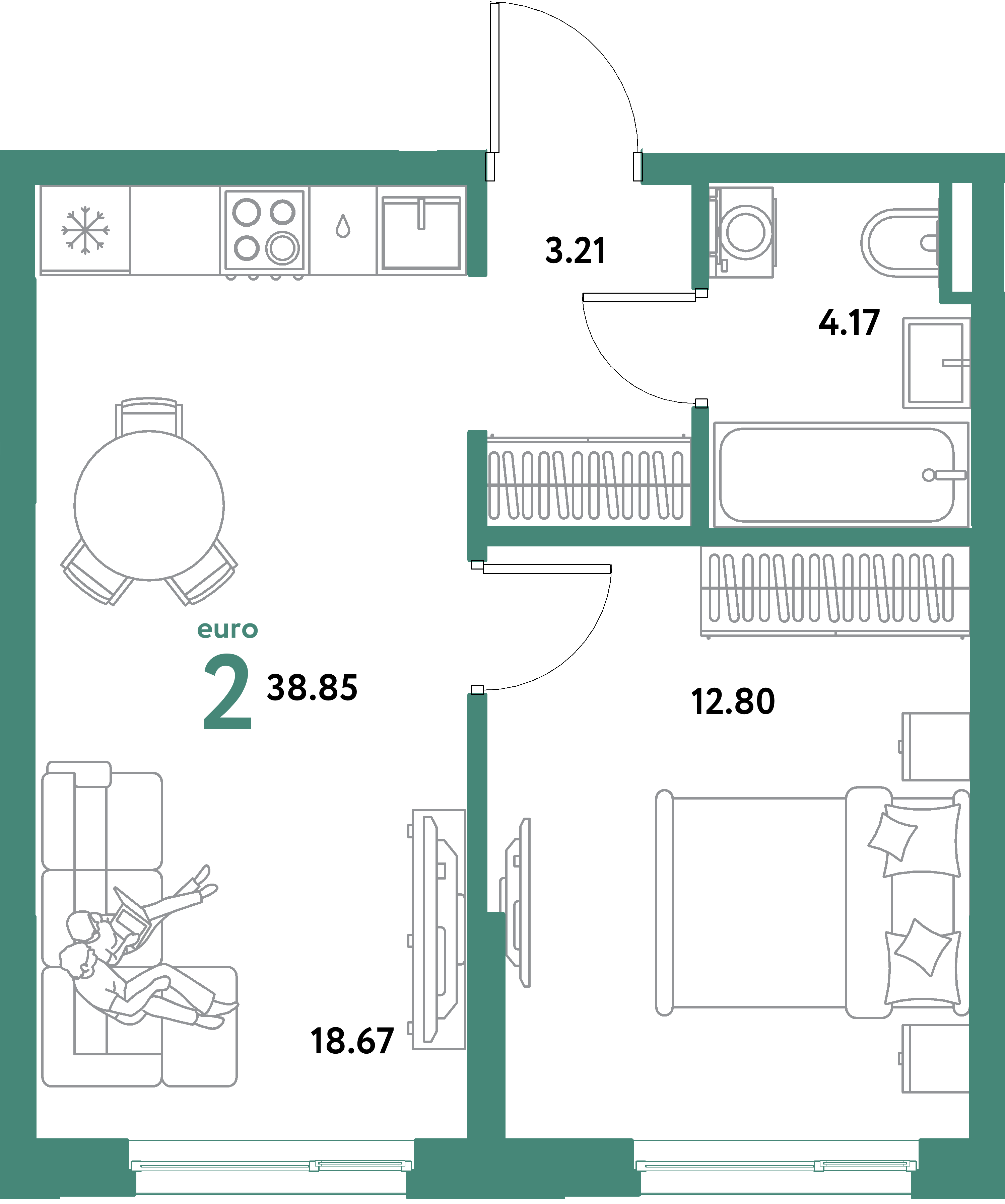 ЖК "Остров-сад"-2-комнатная 38.85 м²