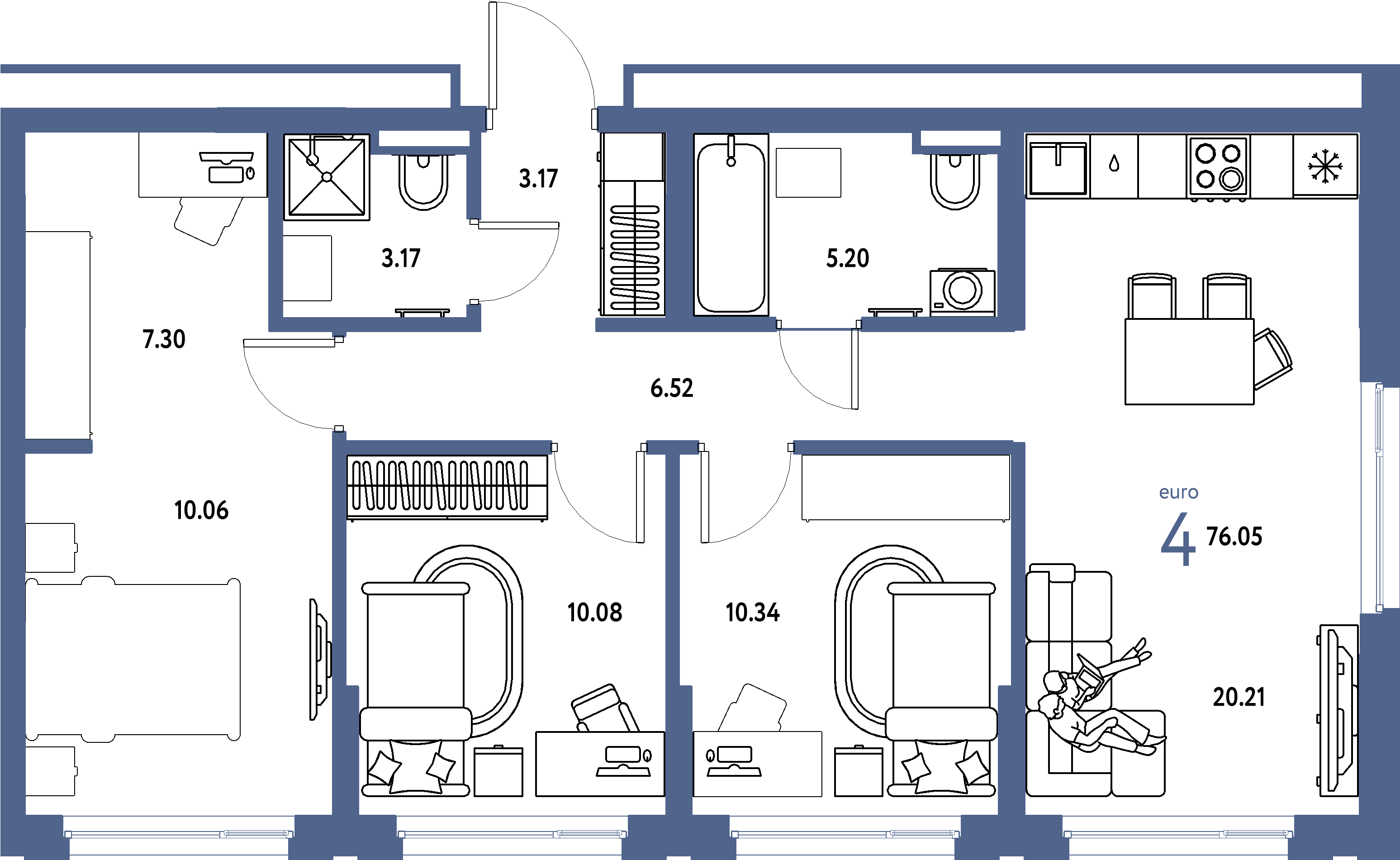 ЖК "Страна.Прибрежная"-4-комнатная 76.05 м²