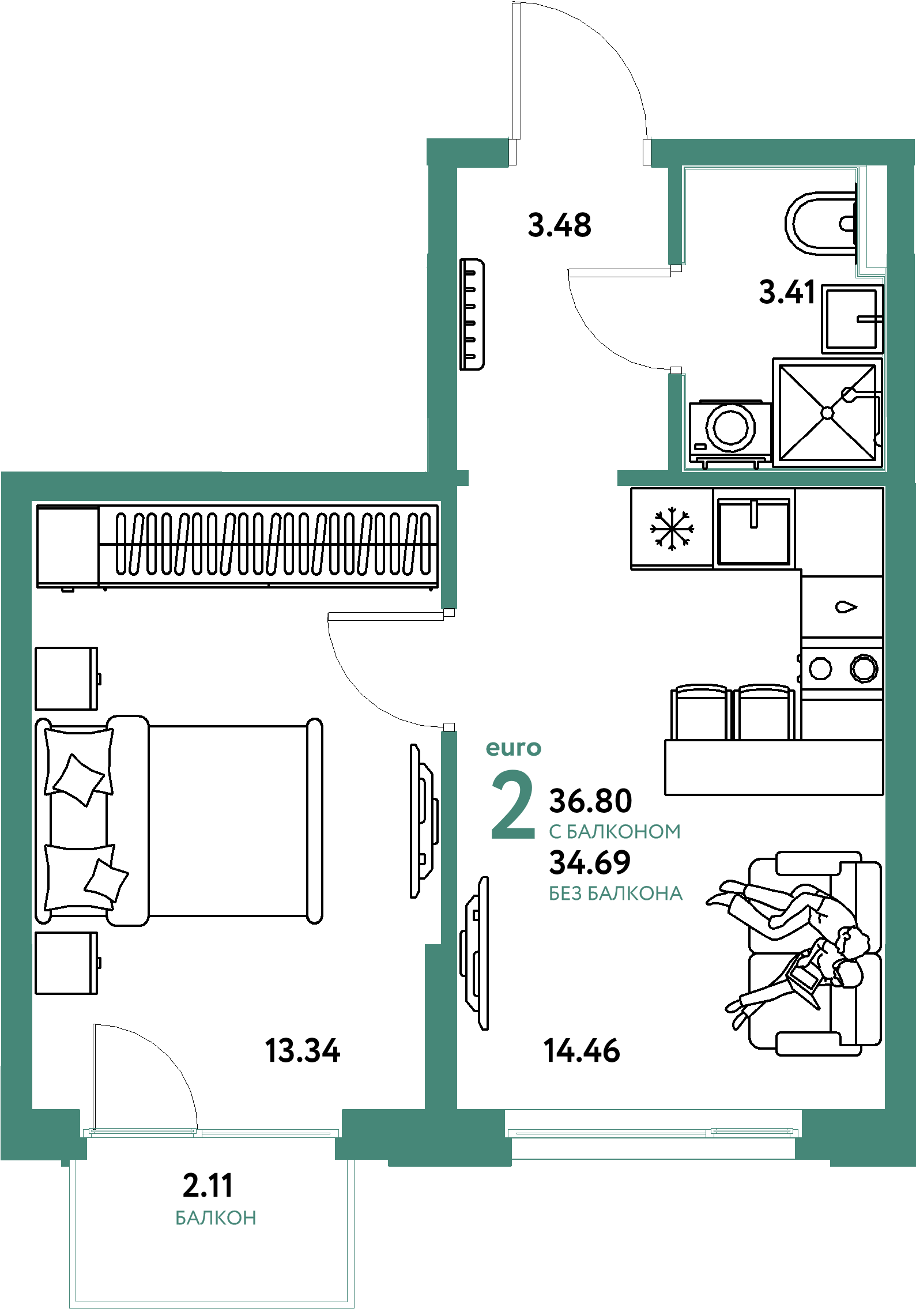 Планировка: Евродвушка 36.8 м² в ЖК Домашний, Плеханово