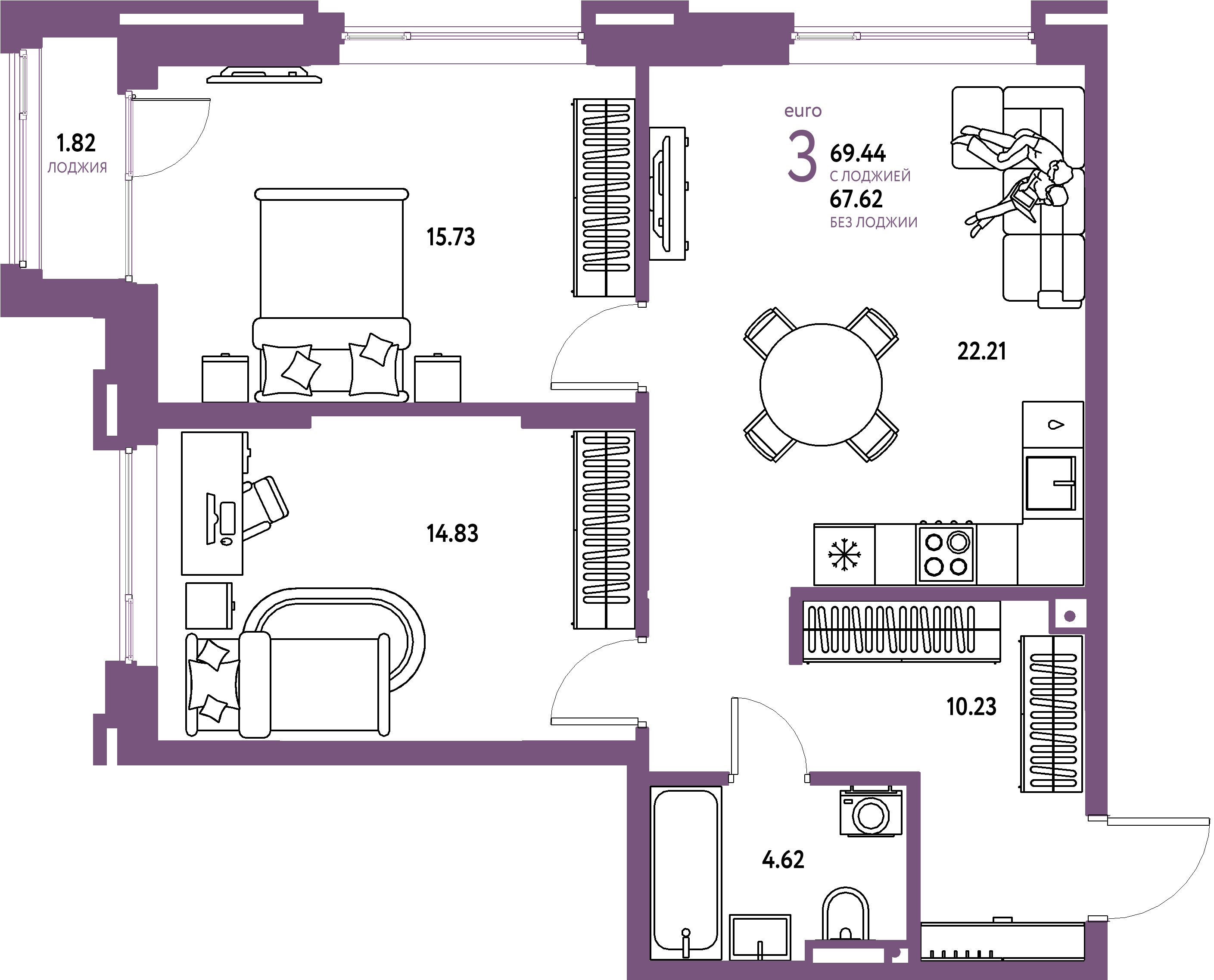 ЖК "Страна.Прибрежная"-3-комнатная 69.44 м²