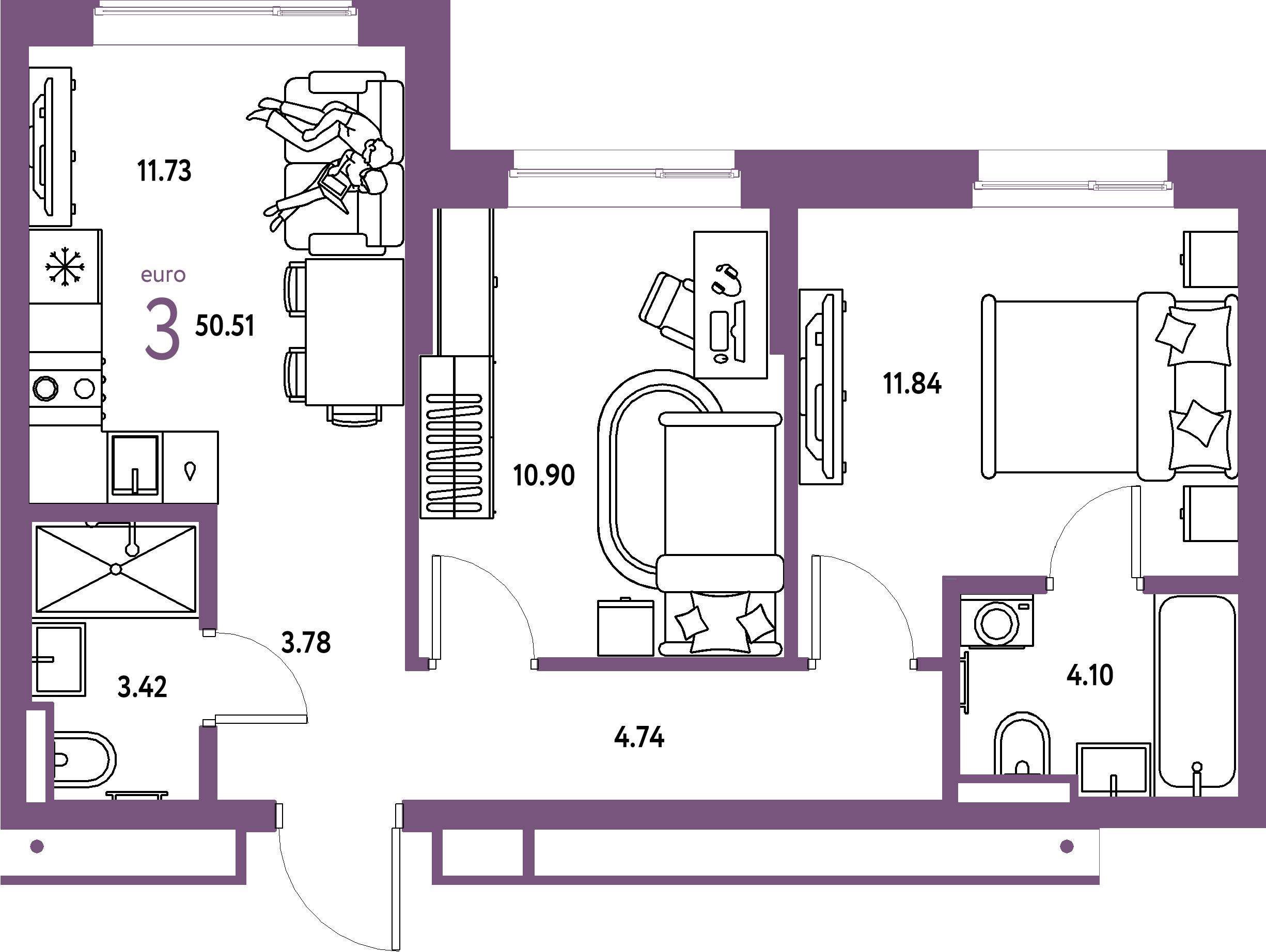 ЖК "Страна.Парковая"-3-комнатная 50.51 м²