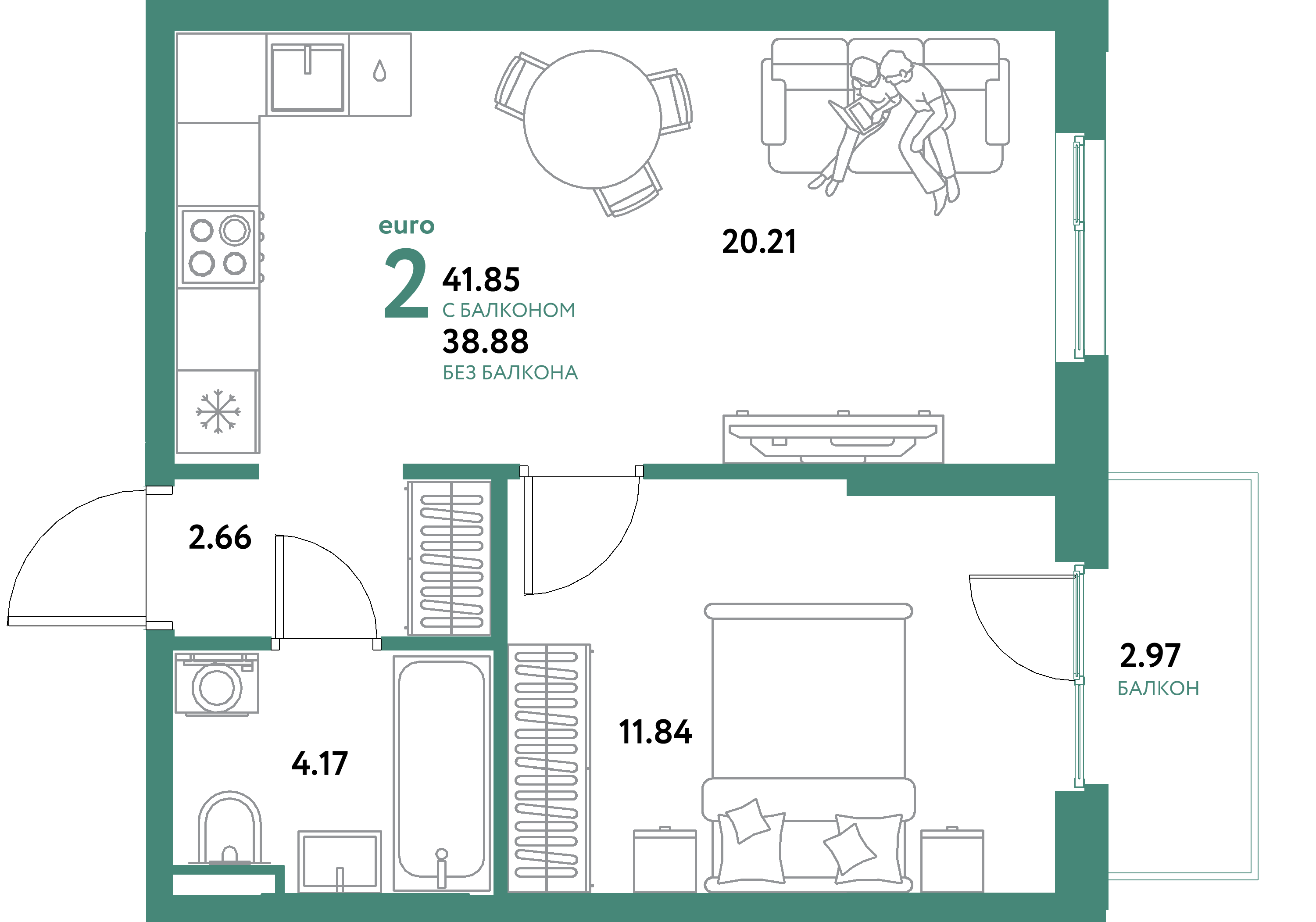 ЖК "Остров-сад"-2-комнатная 41.85 м²