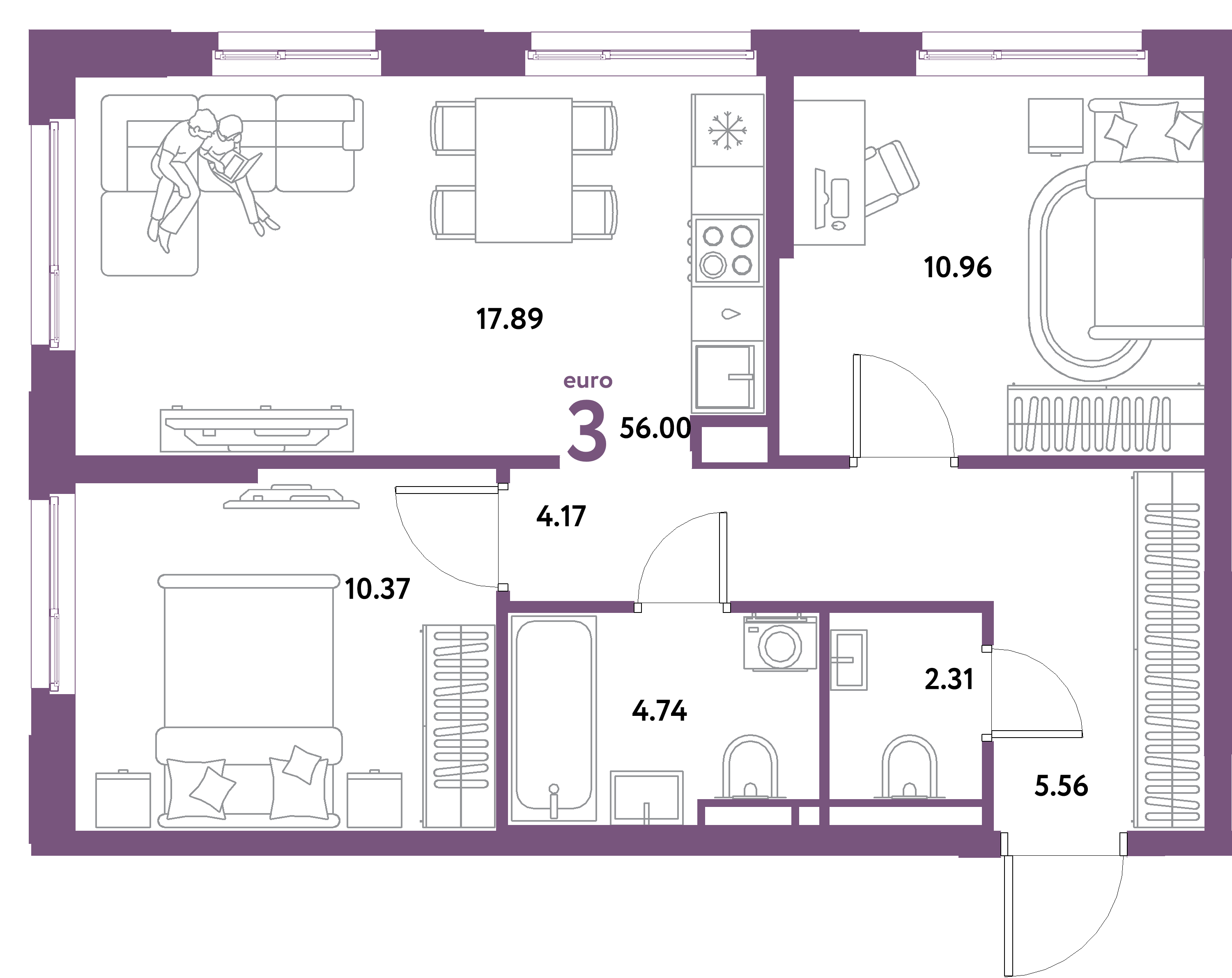 ЖК "Остров-сад"-3-комнатная 56 м²