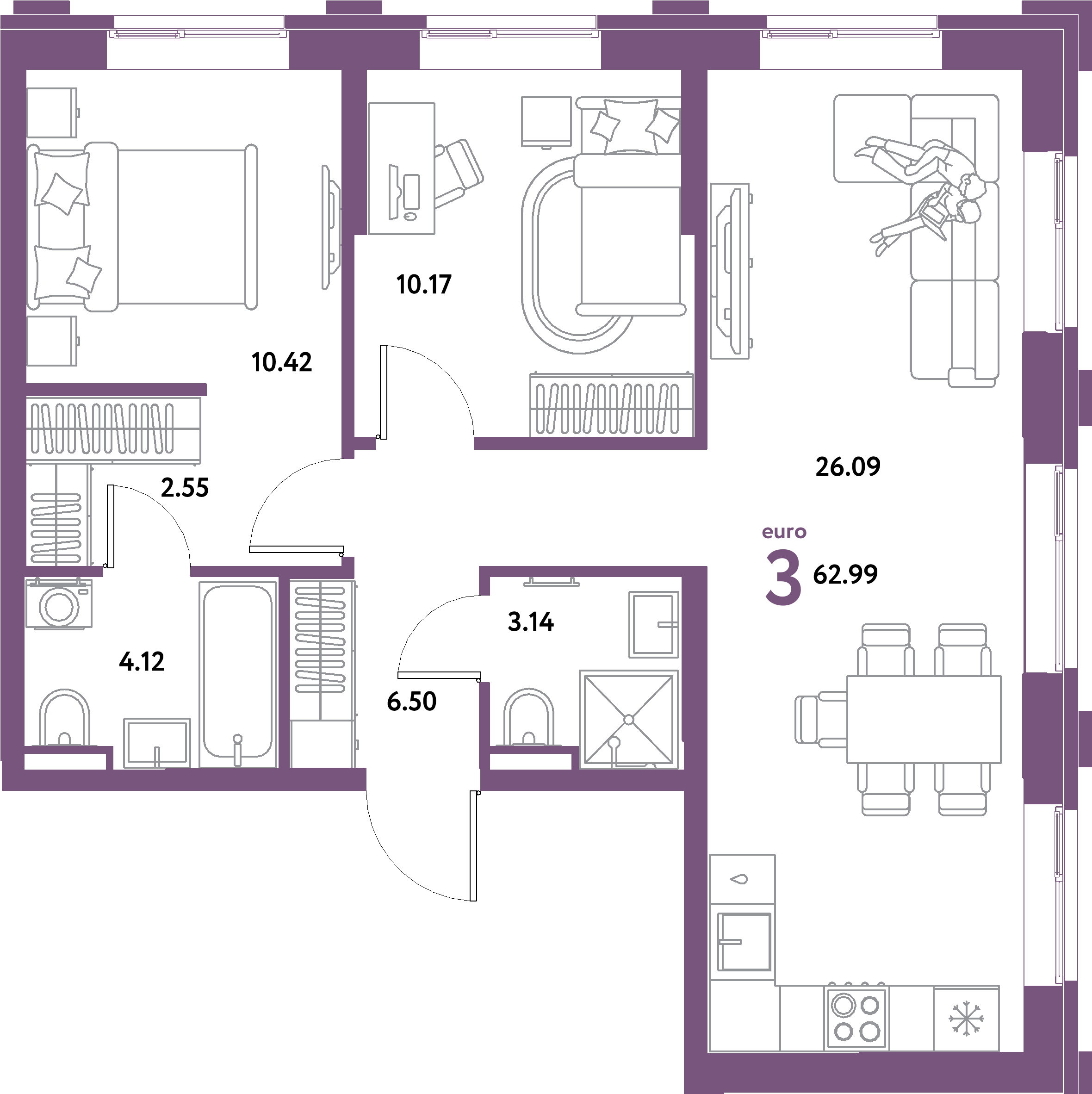 ЖК "Остров-сад"-3-комнатная 62.99 м²