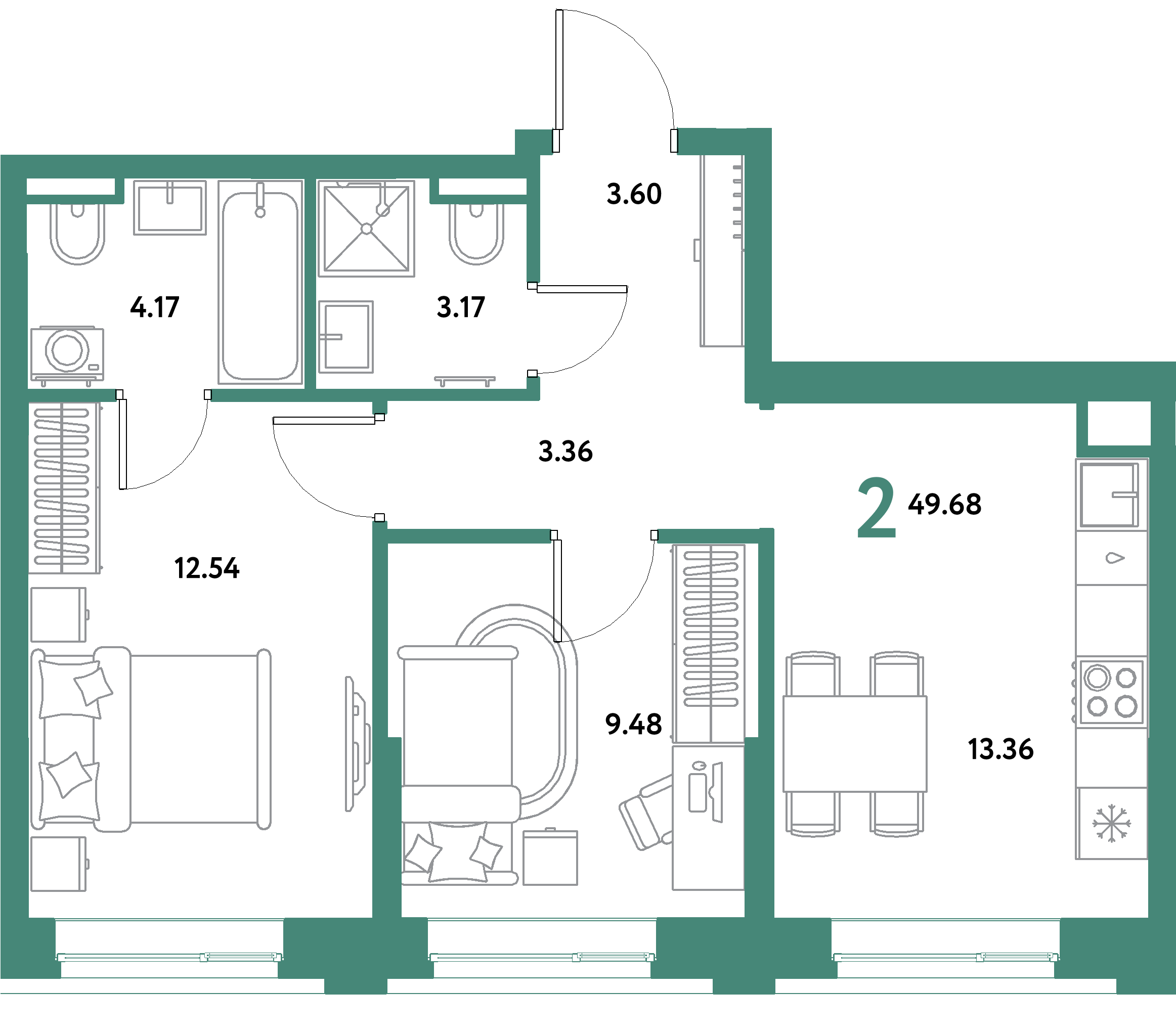 ЖК "Остров-сад"-2-комнатная 49.68 м²