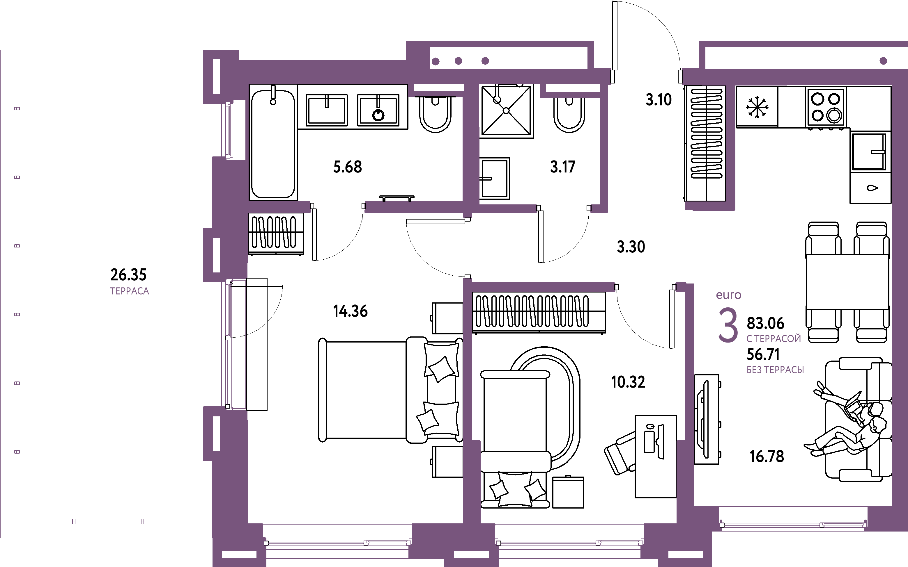 ЖК "Страна.Прибрежная"-3-комнатная 83.06 м²
