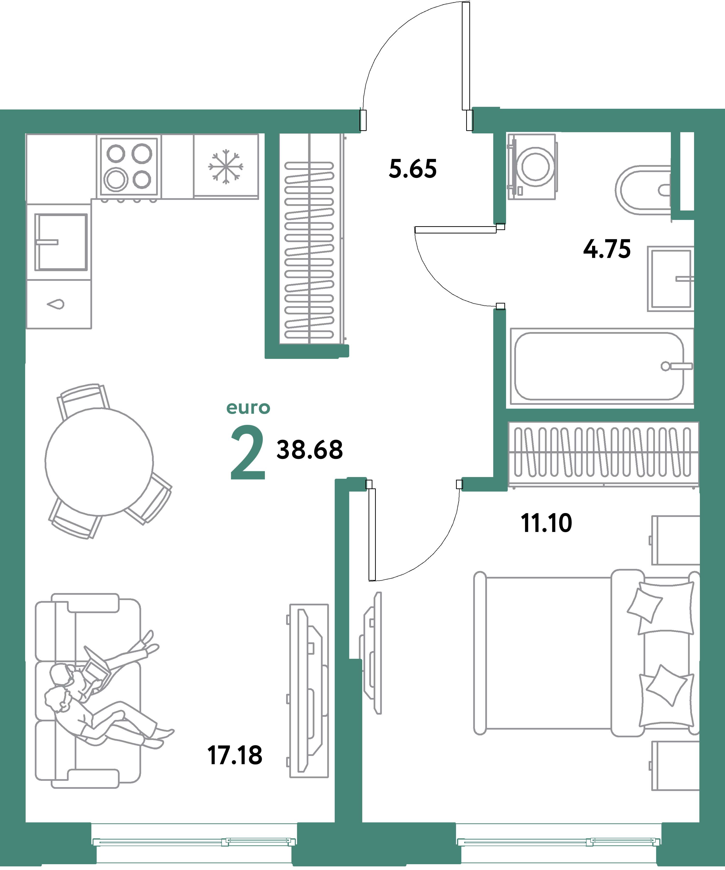 ЖК "Остров-сад"-2-комнатная 38.68 м²