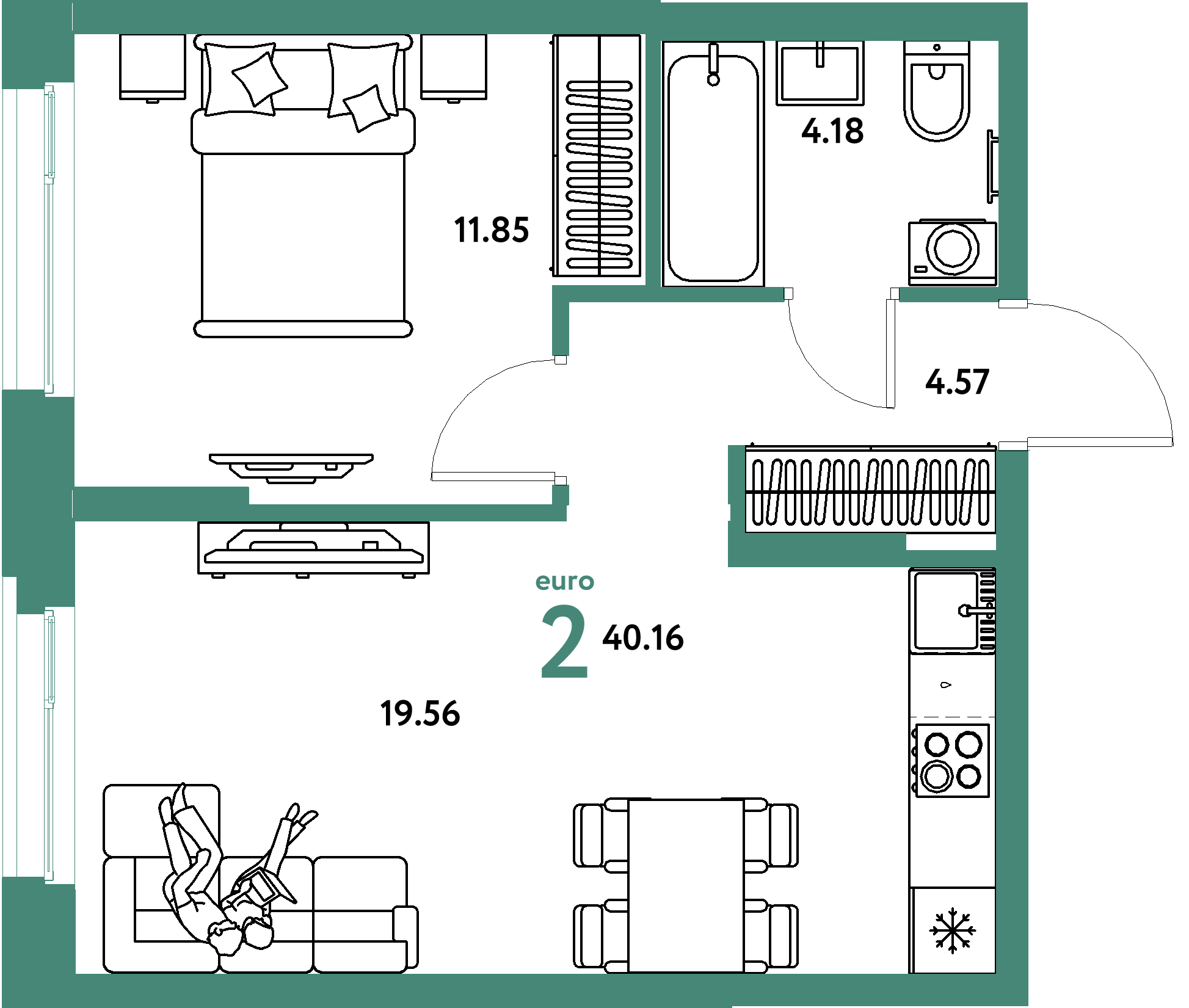 Планировка: Евродвушка 40.2 м² в ЖК Европейский берег 2.0, Европейский