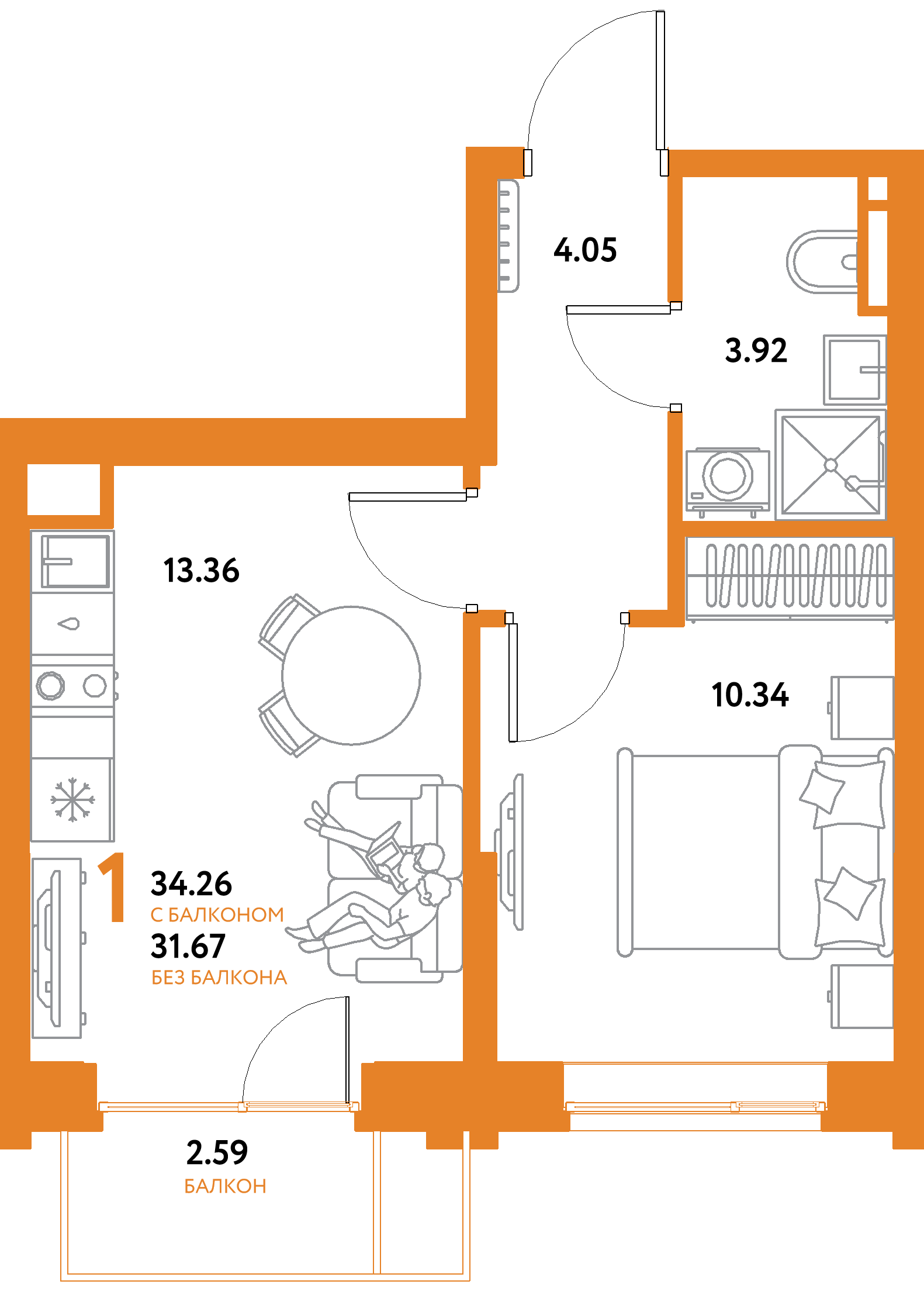 ЖК "Остров-сад"-1-комнатная 34.26 м²