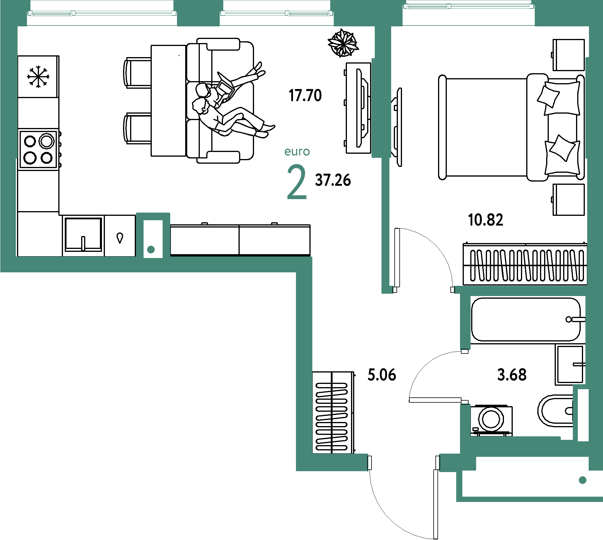 ЖК "Страна.Парковая"-2-комнатная 37.26 м²