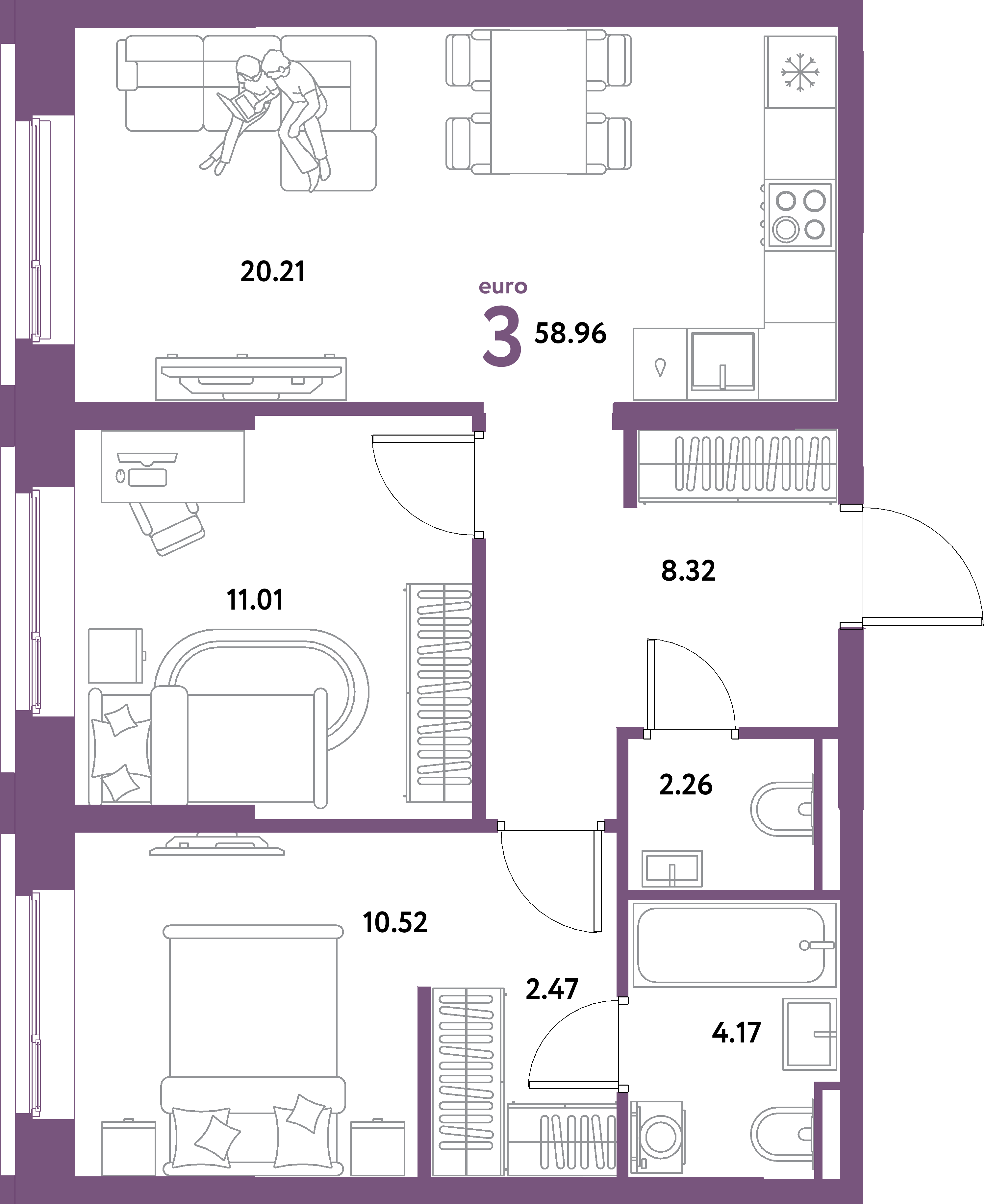 ЖК "Остров-сад"-3-комнатная 58.96 м²