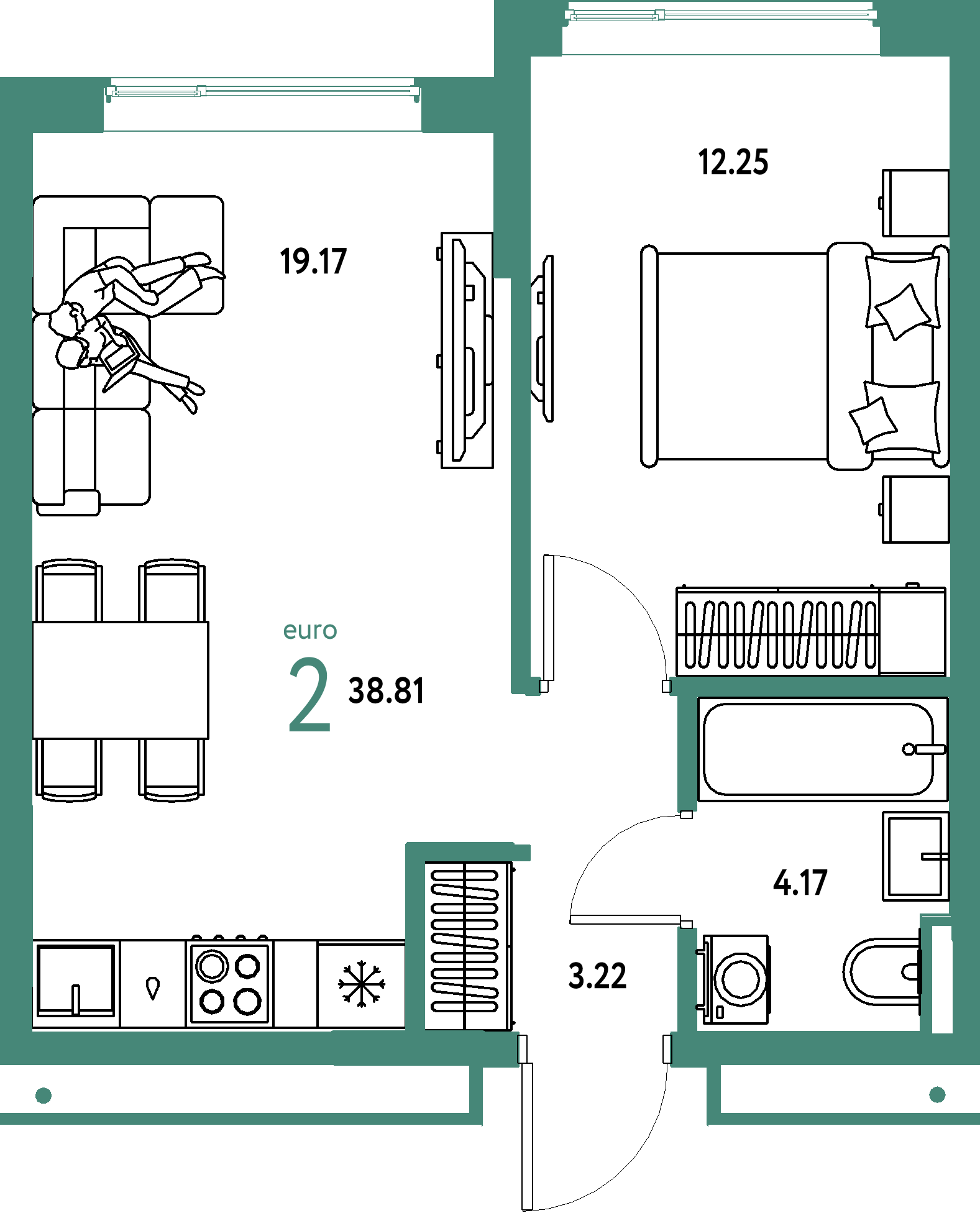 ЖК "Страна.Прибрежная"-2-комнатная 38.81 м²