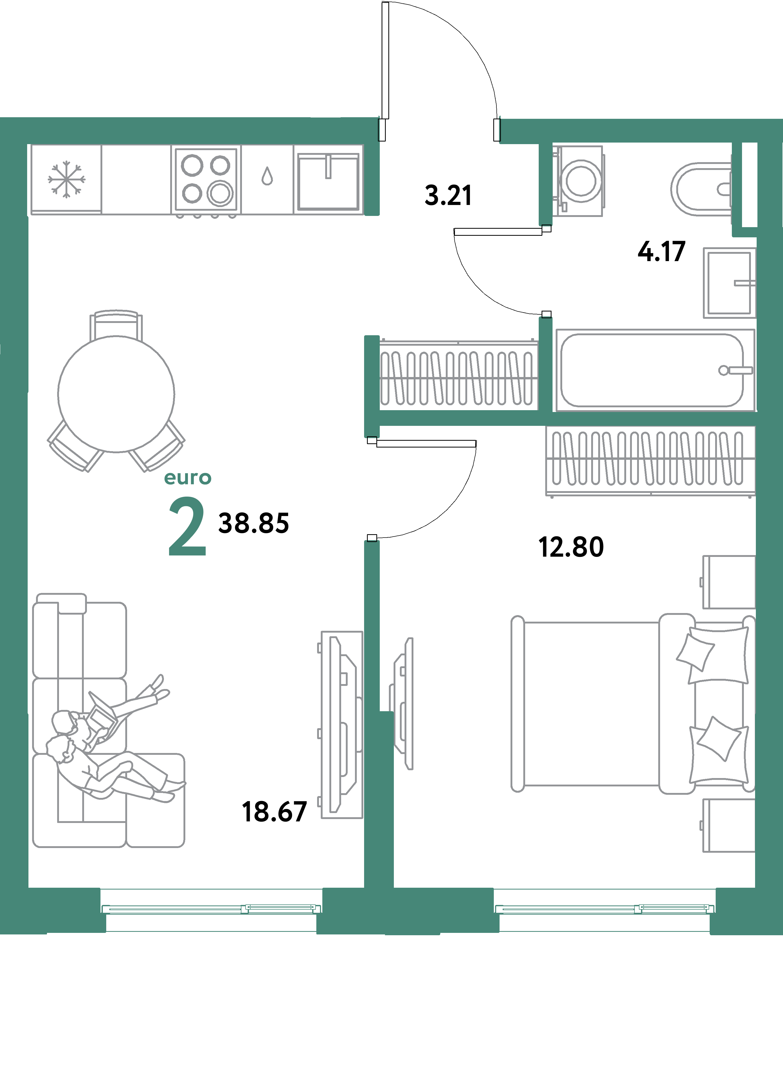 ЖК "Остров-сад"-2-комнатная 38.85 м²