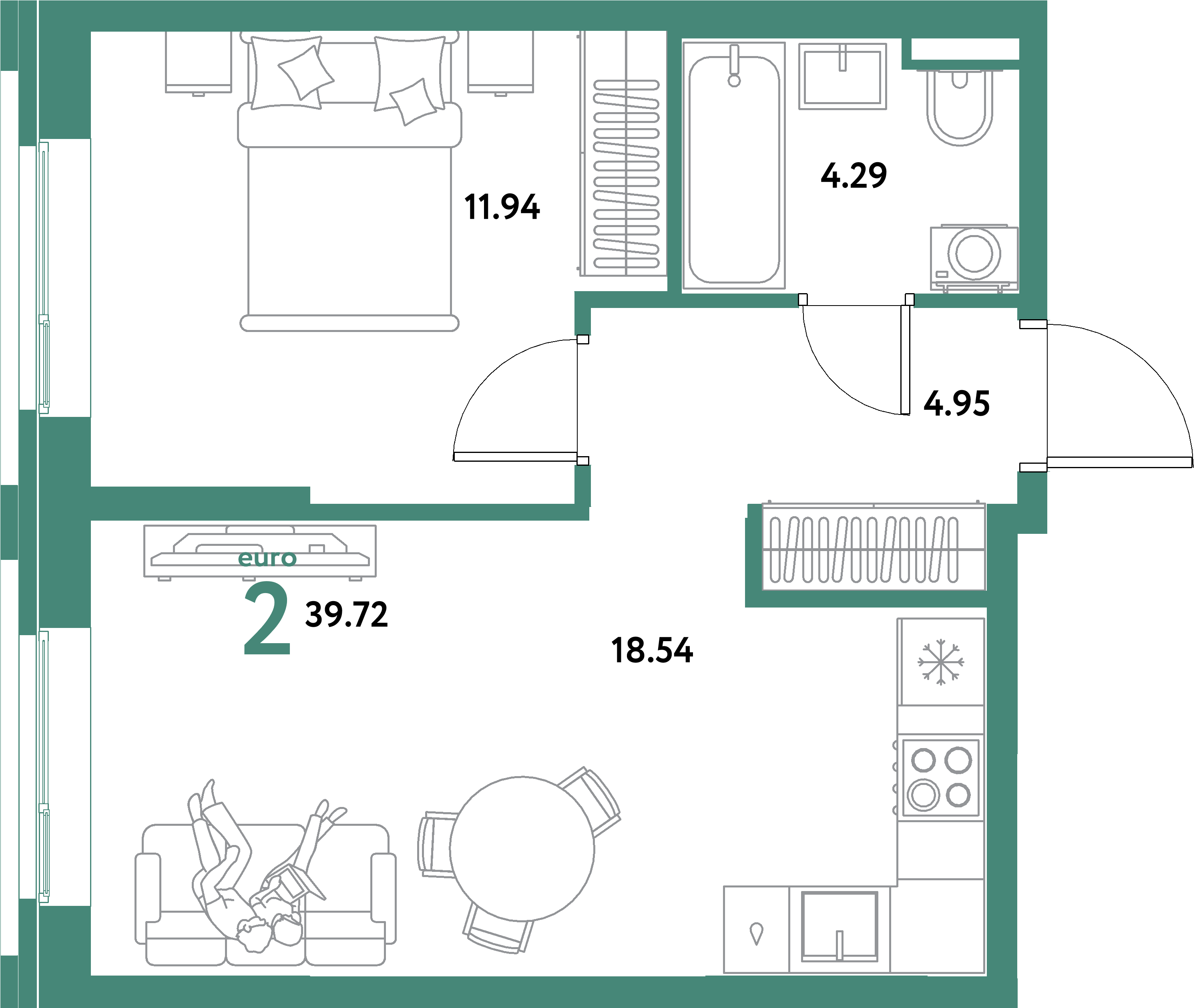 ЖК "Остров-сад"-2-комнатная 39.72 м²