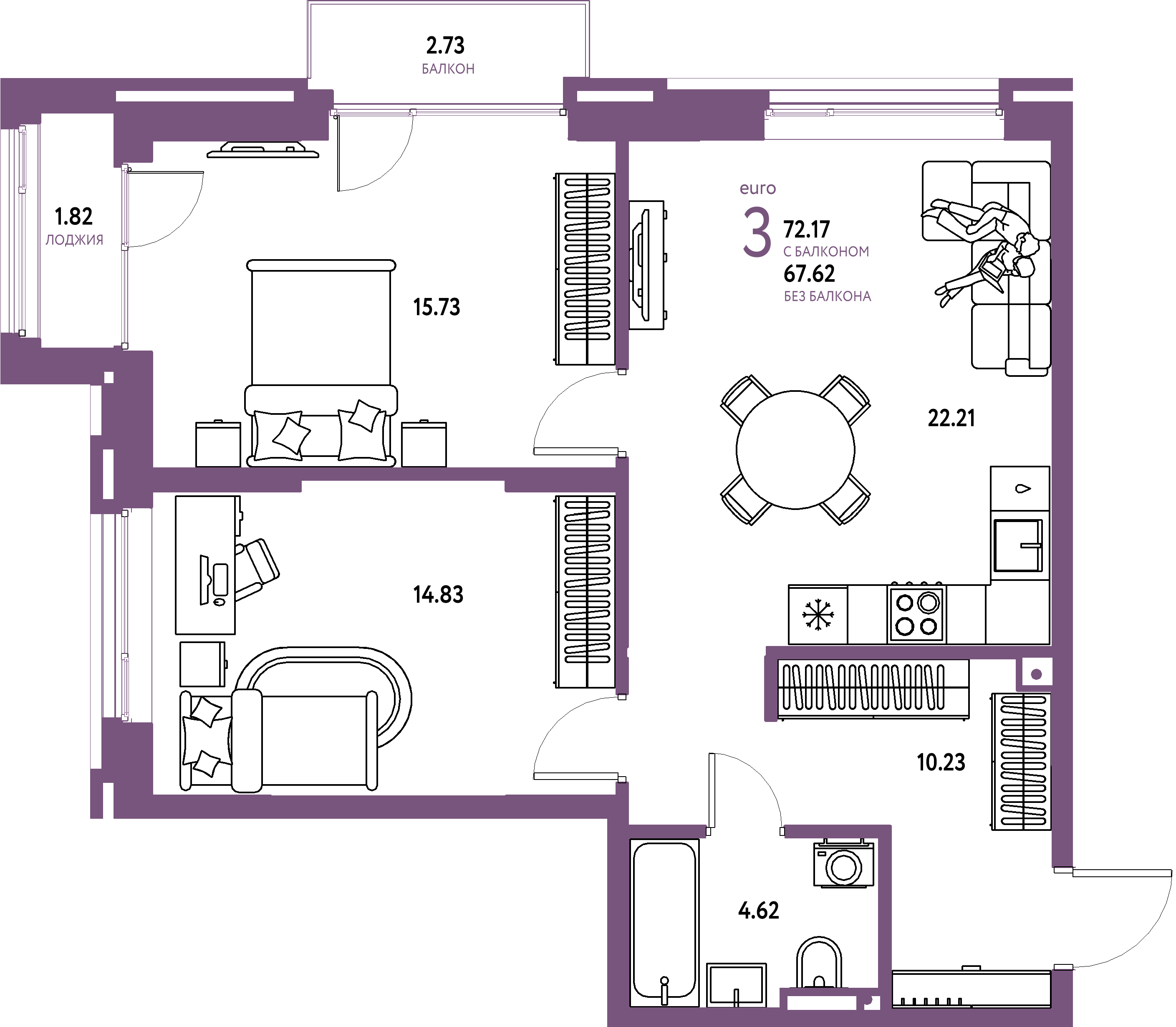 ЖК "Страна.Прибрежная"-3-комнатная 72.17 м²