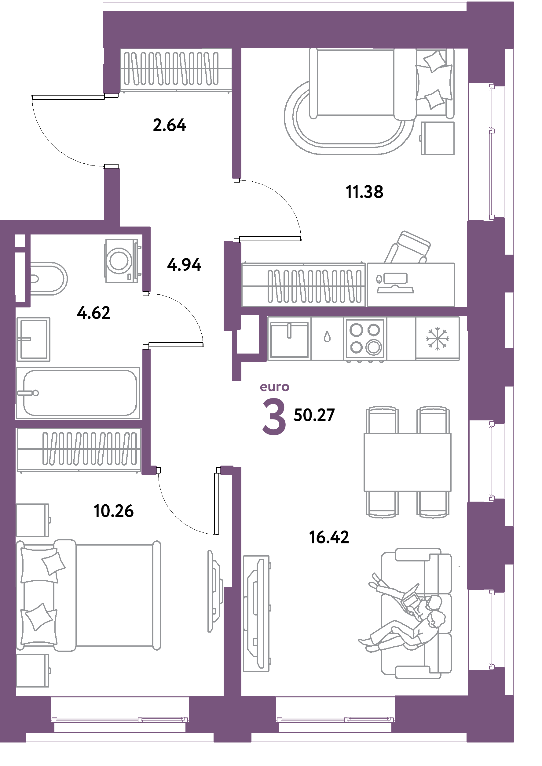 ЖК "Остров-сад"-3-комнатная 50.27 м²