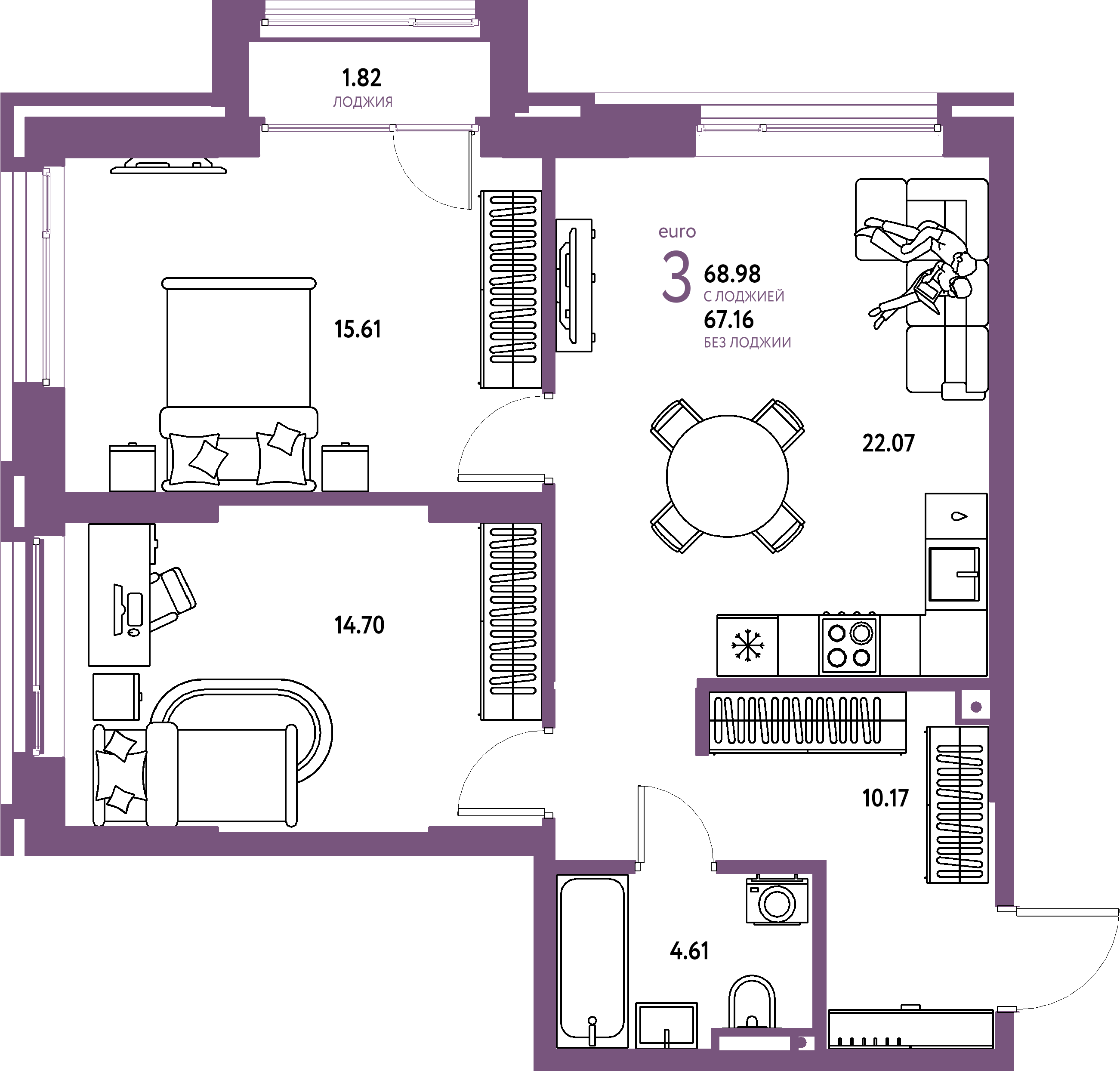 ЖК "Страна.Прибрежная"-3-комнатная 68.98 м²