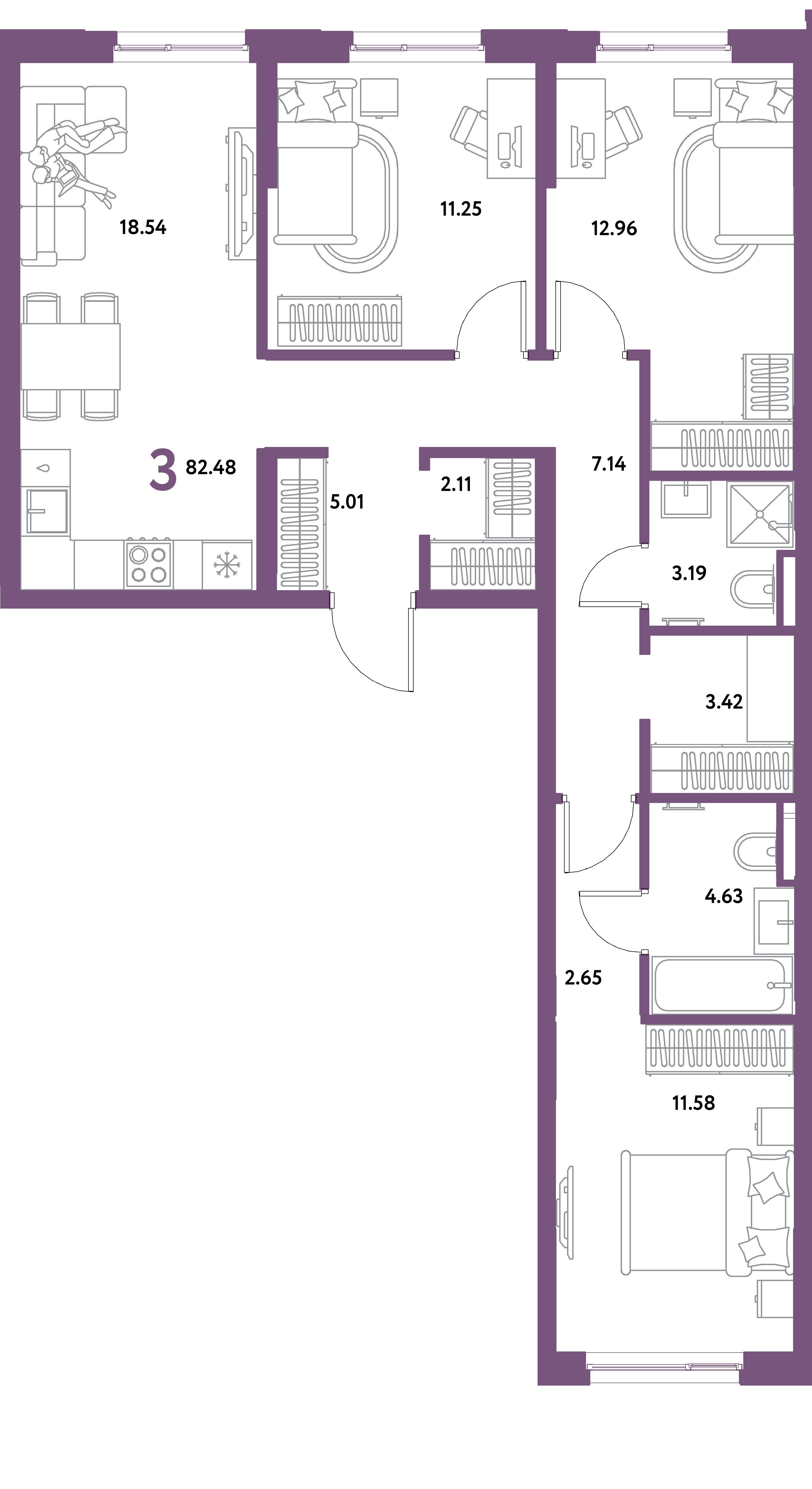 ЖК "Остров-сад"-3-комнатная 82.48 м²