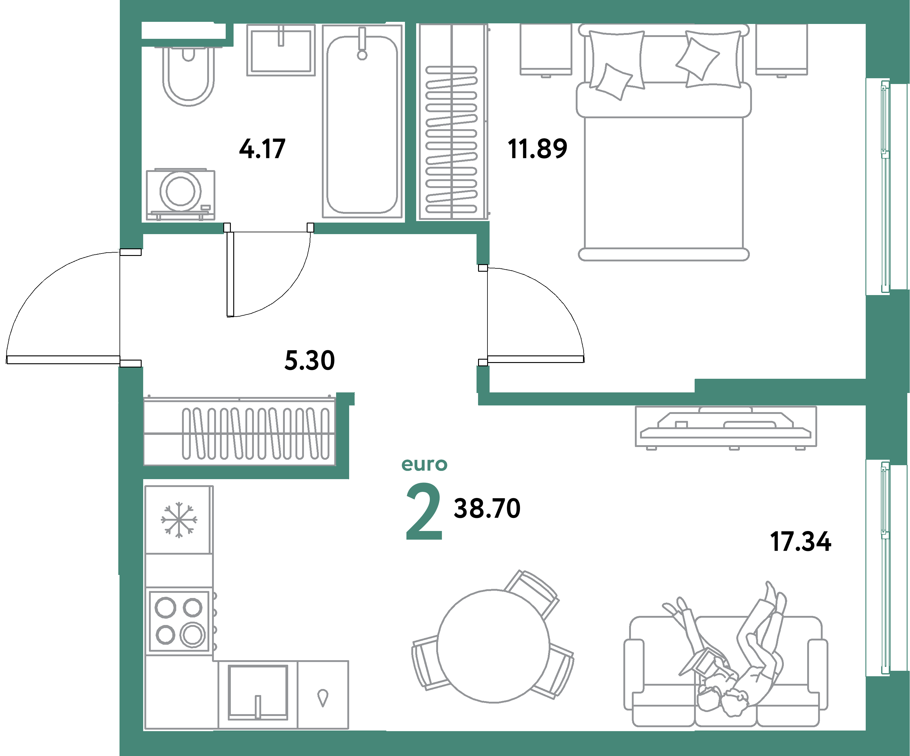 ЖК "Остров-сад"-2-комнатная 38.7 м²
