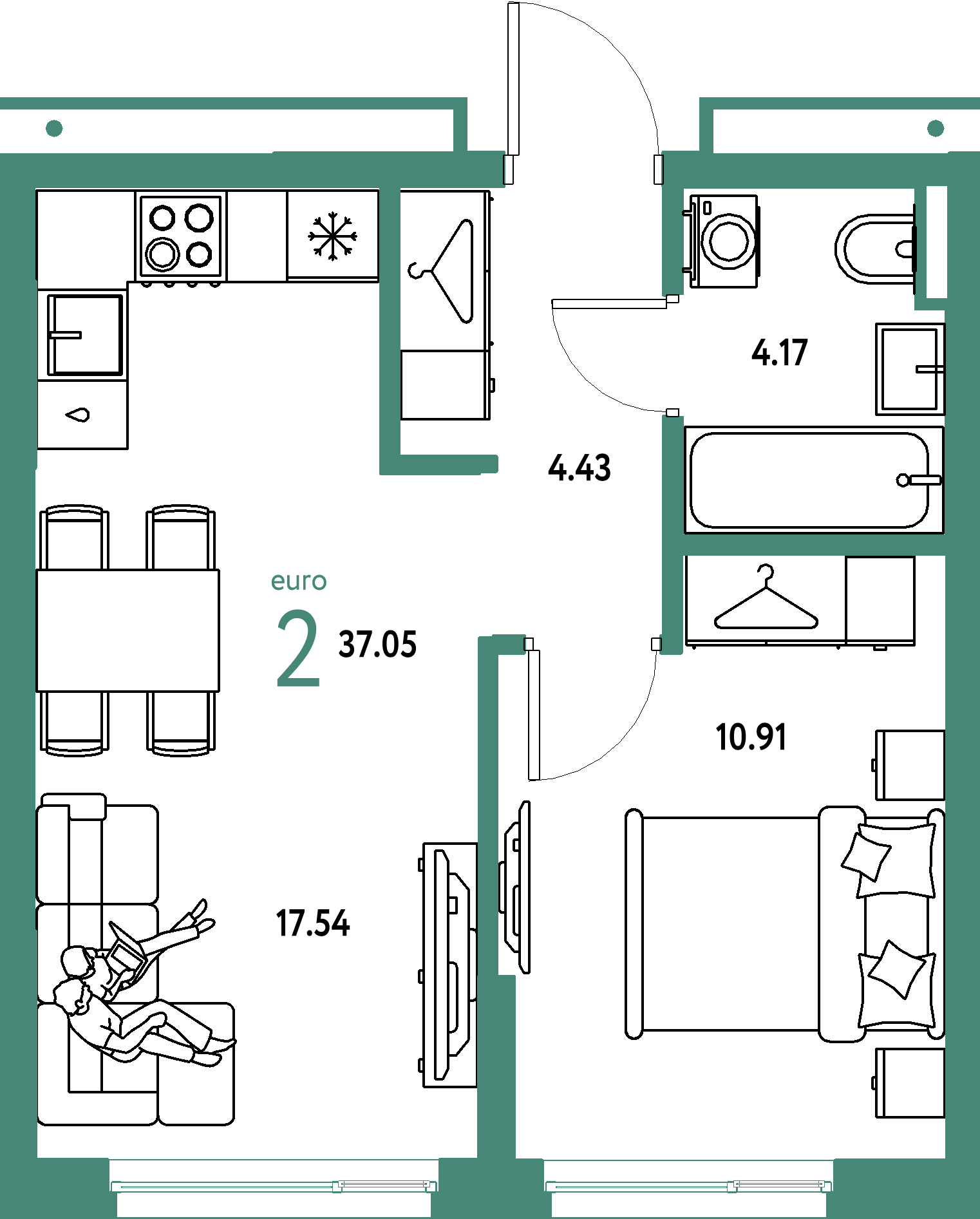ЖК "Страна.Прибрежная"-2-комнатная 37.05 м²