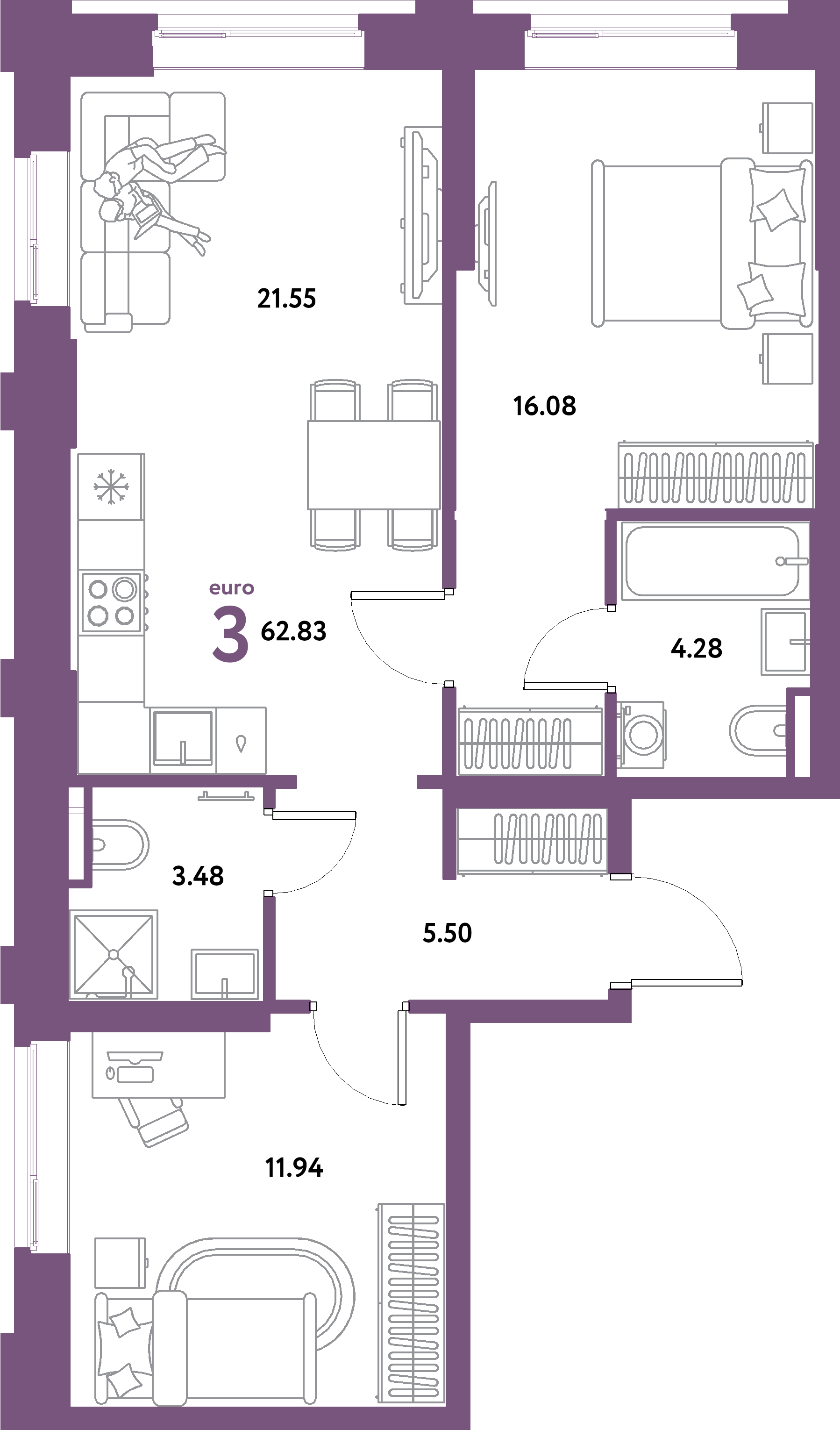 ЖК "Остров-сад"-3-комнатная 62.83 м²