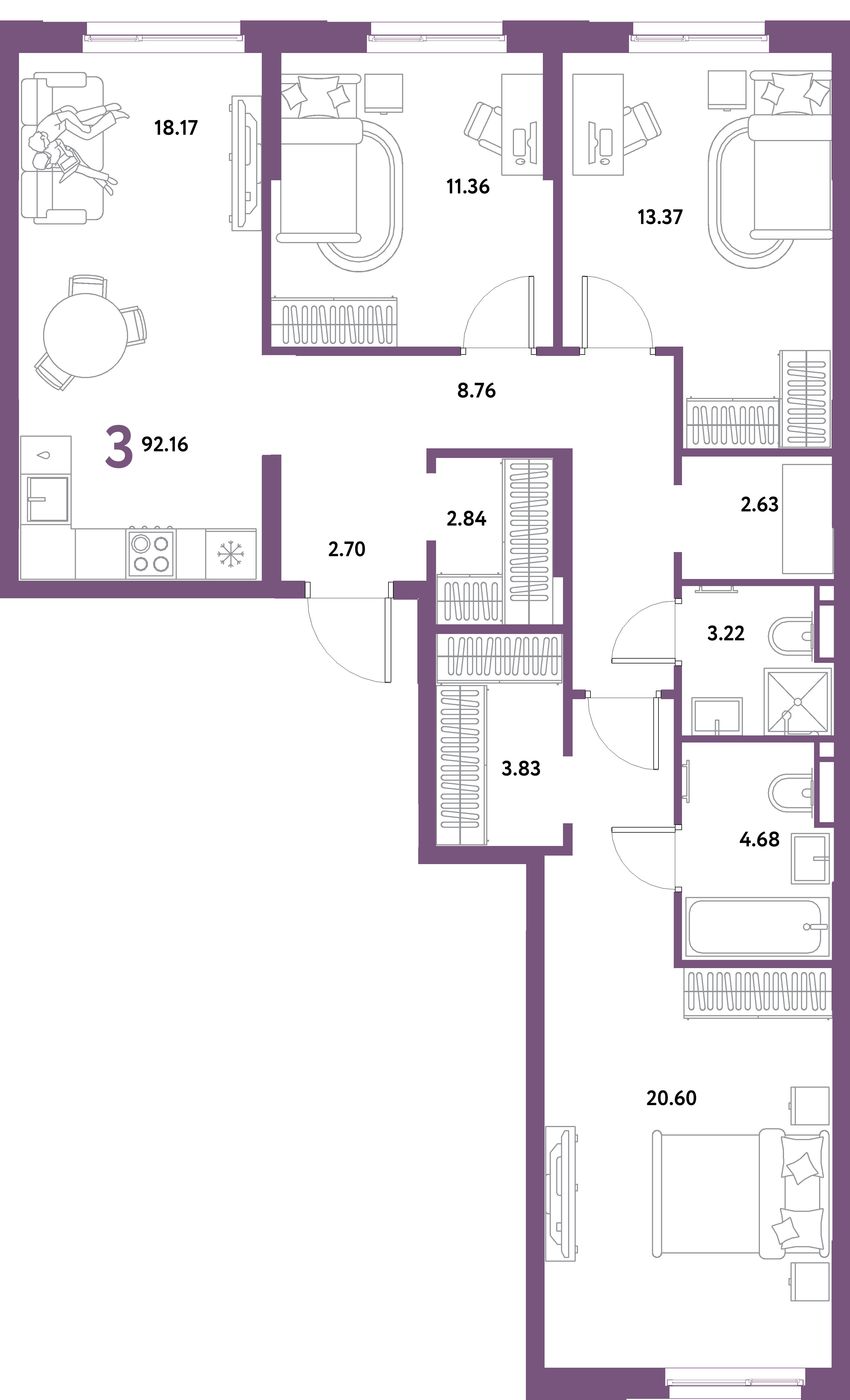 ЖК "Остров-сад"-3-комнатная 92.16 м²