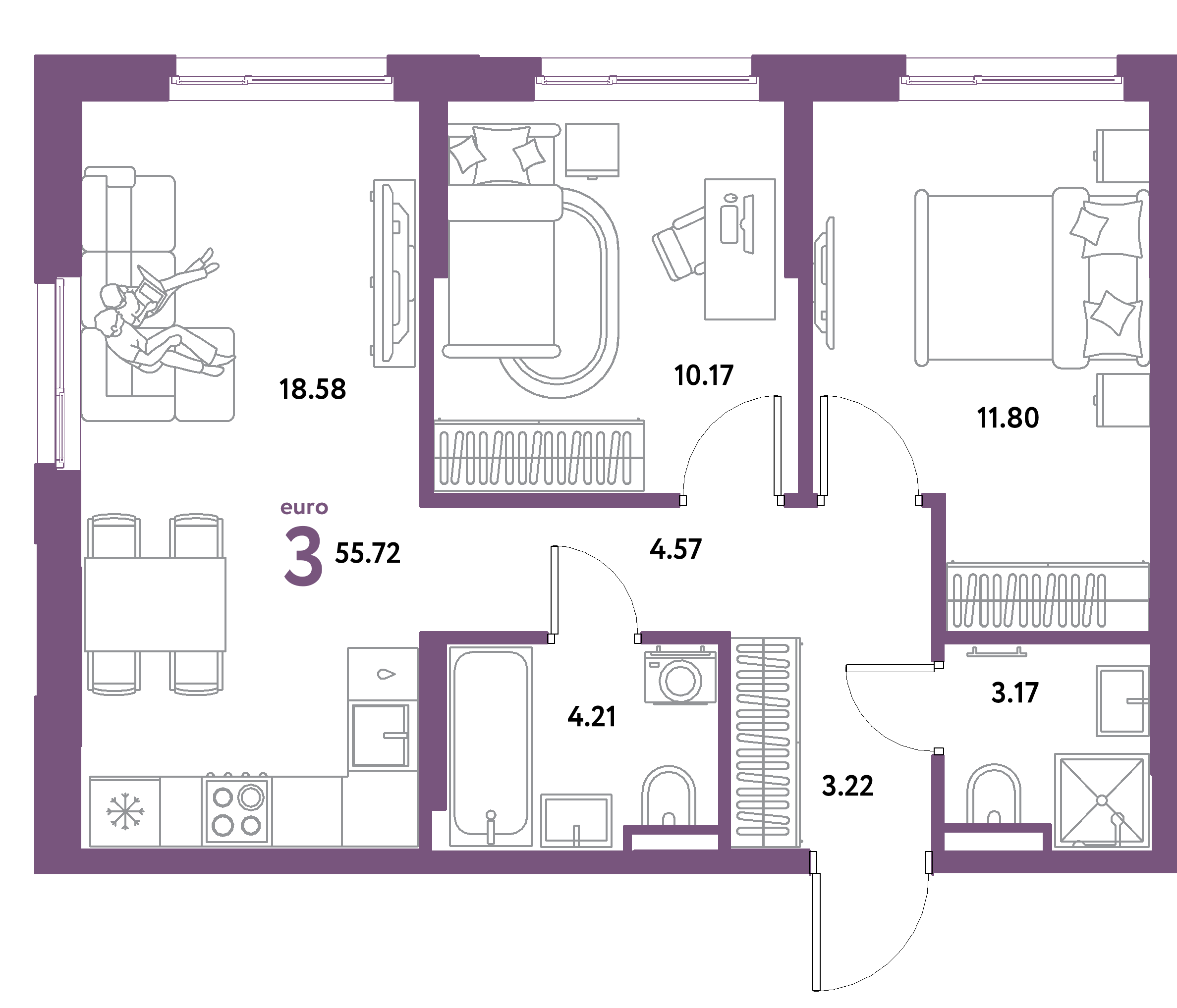 ЖК "Остров-сад"-3-комнатная 55.72 м²
