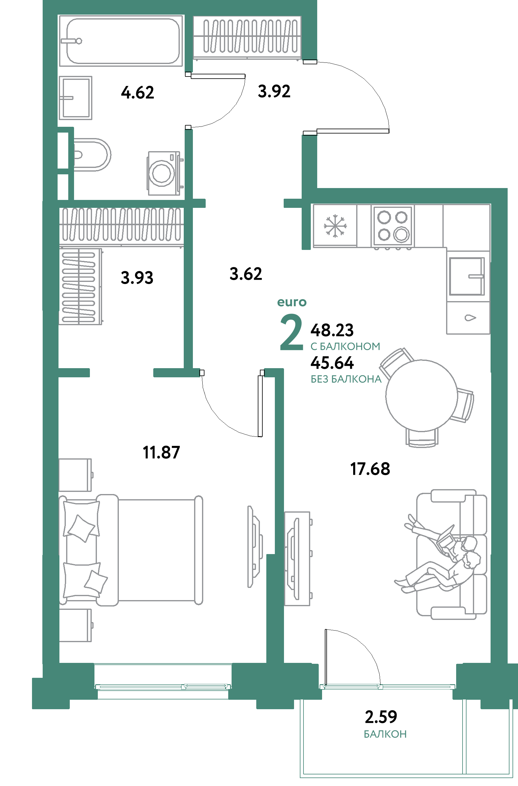 ЖК "Остров-сад"-2-комнатная 48.23 м²