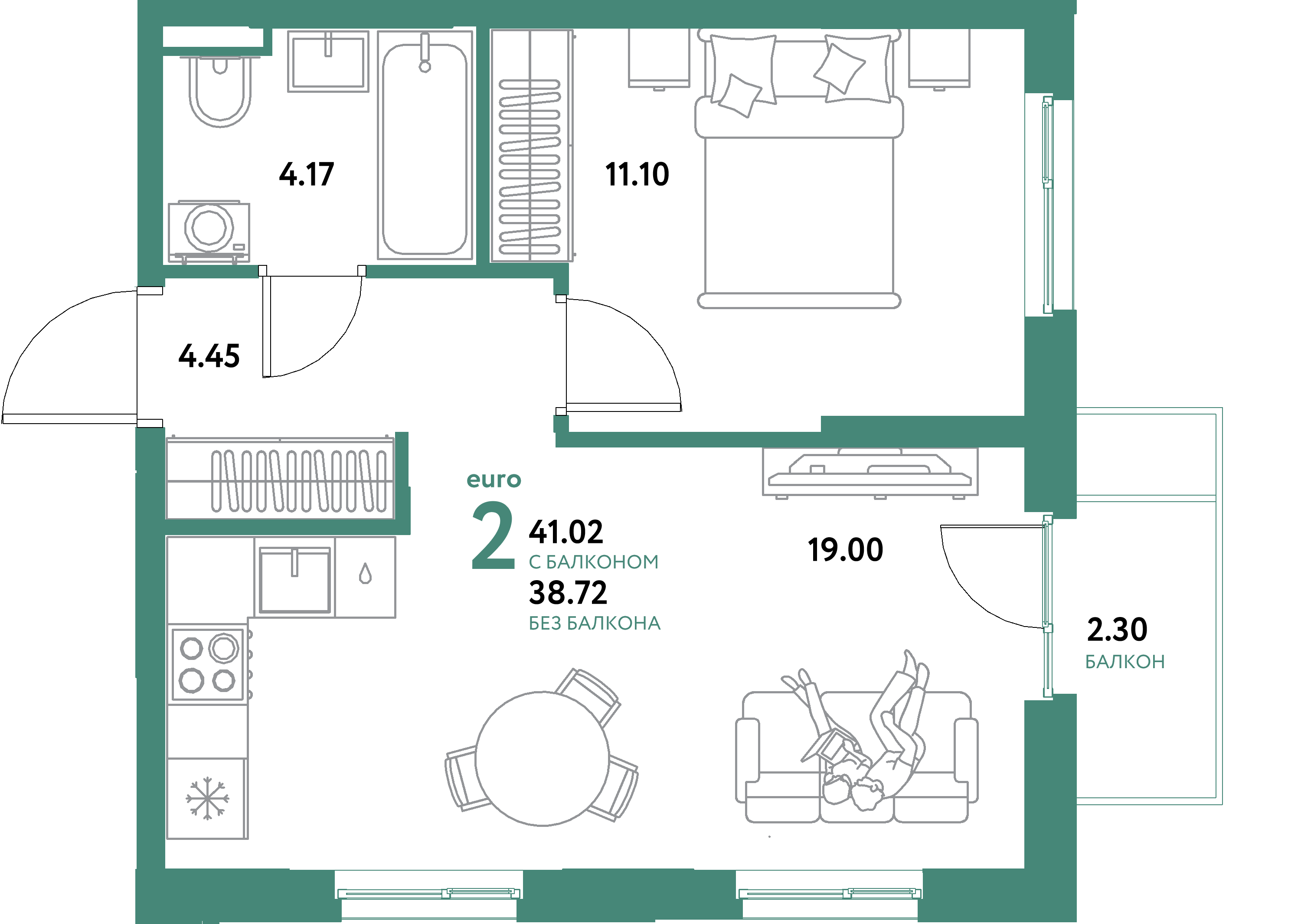 ЖК "Остров-сад"-2-комнатная 41.02 м²