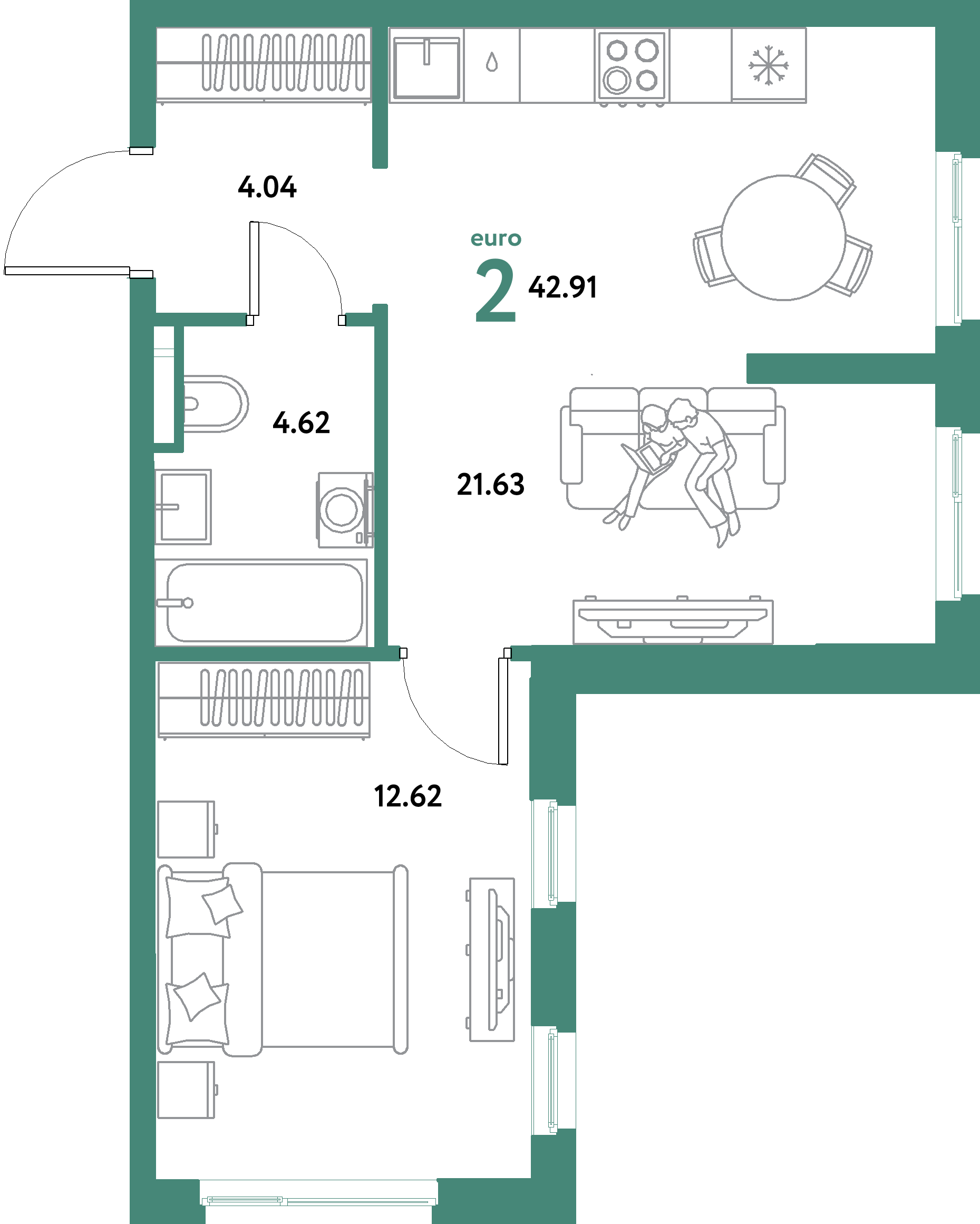 ЖК "Остров-сад"-2-комнатная 42.91 м²