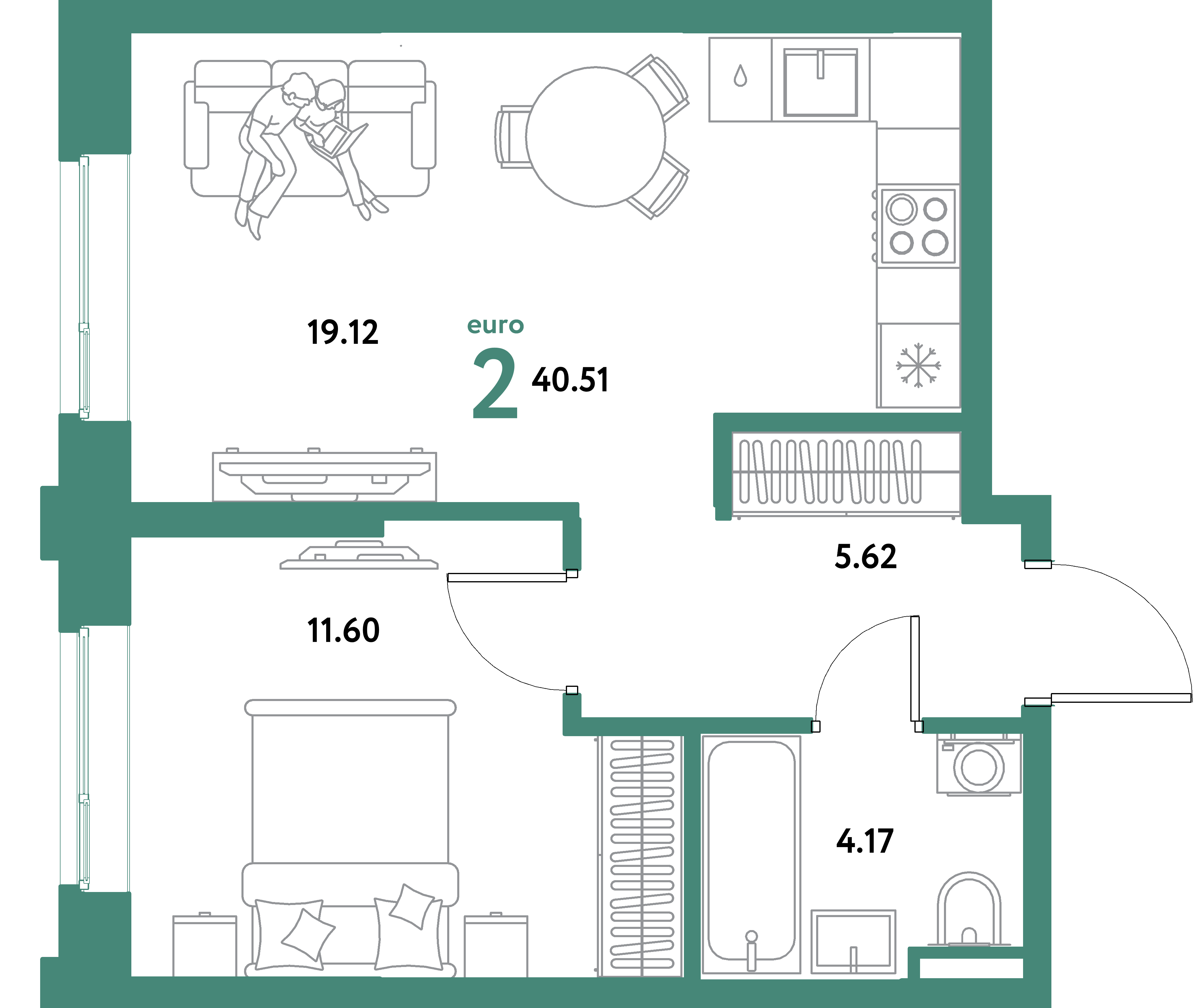 ЖК "Остров-сад"-2-комнатная 40.51 м²